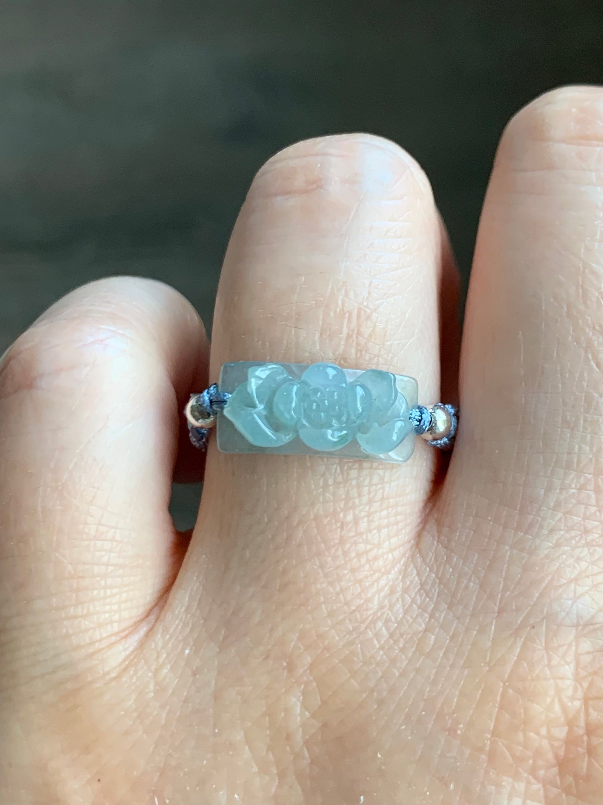Natural Guatemalan Premium Icy Translucent Gelatinous Light Blue Jadeite Lotus Flower Rope Band Ring Sterling Silver Size 8.75 天然冰危淡蓝翡翠莲花绳戒