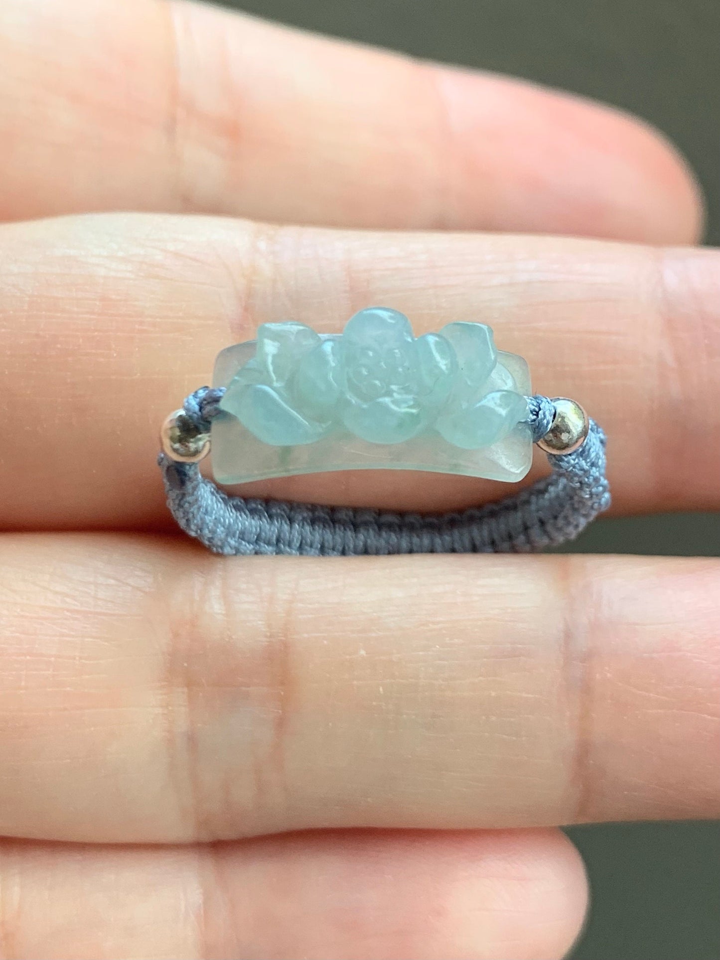Natural Guatemalan Premium Icy Translucent Gelatinous Light Blue Jadeite Lotus Flower Rope Band Ring Sterling Silver Size 8.75 天然冰危淡蓝翡翠莲花绳戒
