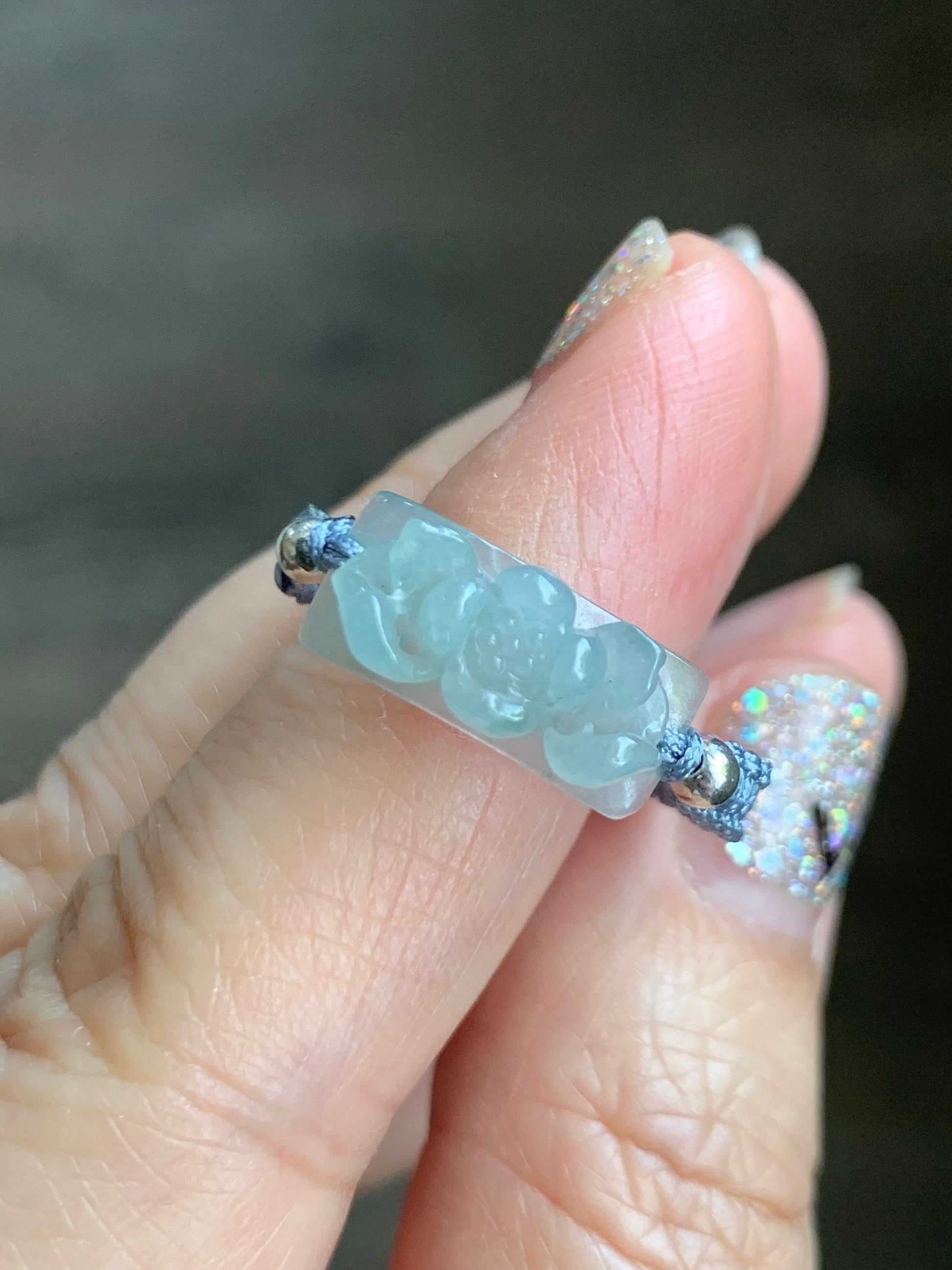 Natural Guatemalan Premium Icy Translucent Gelatinous Light Blue Jadeite Lotus Flower Rope Band Ring Sterling Silver Size 8.75 天然冰危淡蓝翡翠莲花绳戒