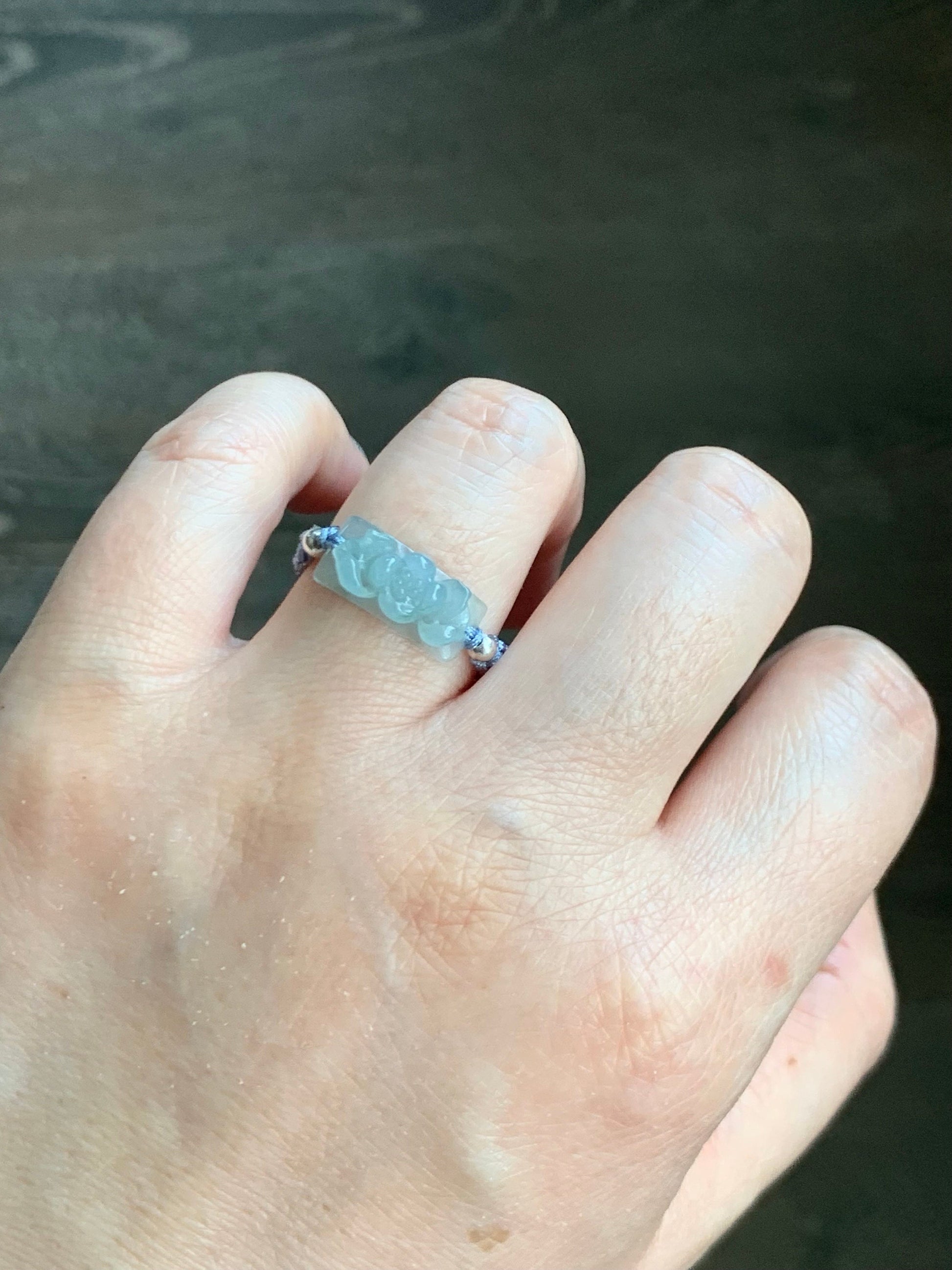 Natural Guatemalan Premium Icy Translucent Gelatinous Light Blue Jadeite Lotus Flower Rope Band Ring Sterling Silver Size 8.75 天然冰危淡蓝翡翠莲花绳戒