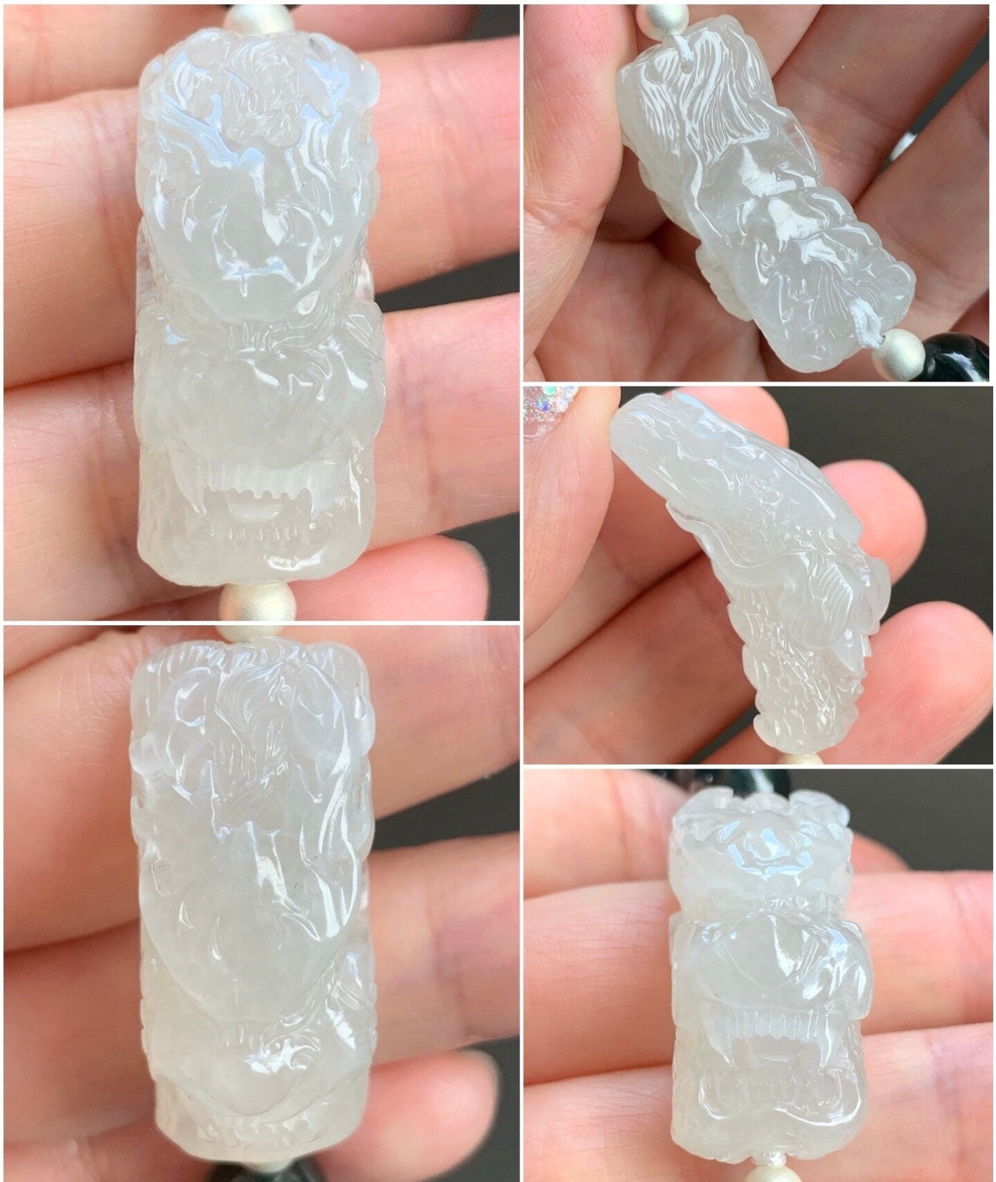 Certified Natural Burmese Icy Translucent Gelatinous Jadeite Dragon Cuff Dark Teal Green Beads Beaded Bracelet 7.25” 40g 天然缅甸冰胶翡翠龙牌手牌深危绿手串