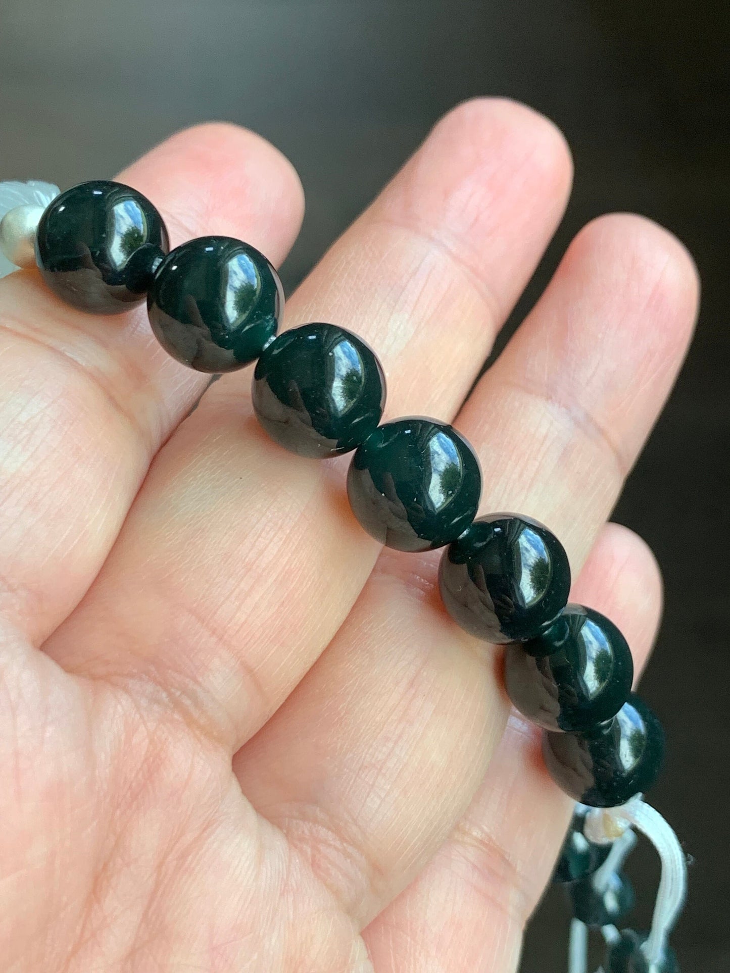 Certified Natural Burmese Icy Translucent Gelatinous Jadeite Dragon Cuff Dark Teal Green Beads Beaded Bracelet 7.25” 40g 天然缅甸冰胶翡翠龙牌手牌深危绿手串