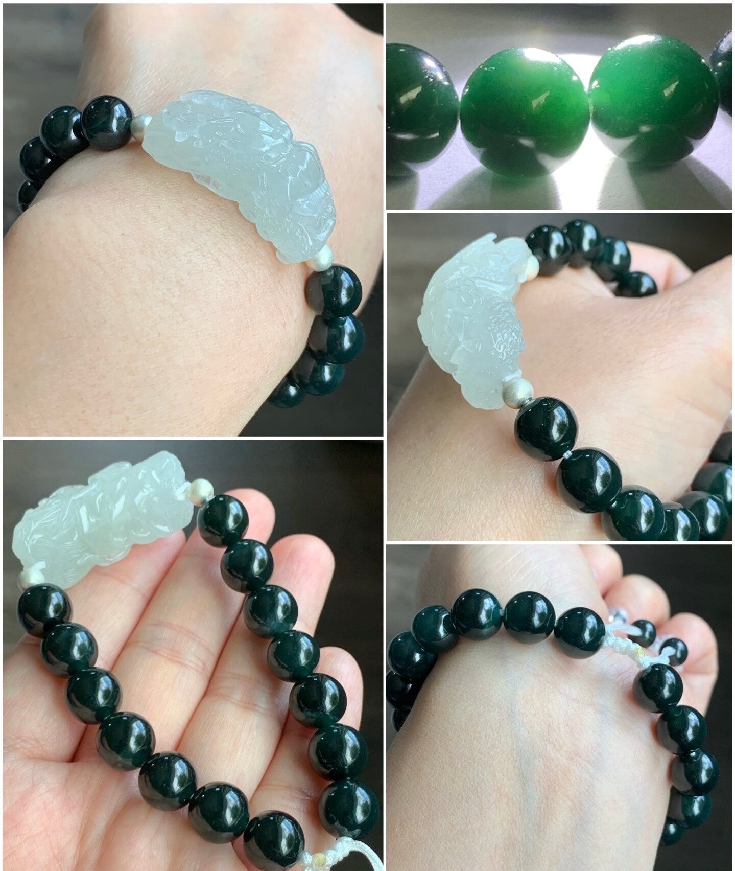 Certified Natural Burmese Icy Translucent Gelatinous Jadeite Dragon Cuff Dark Teal Green Beads Beaded Bracelet 7.25” 40g 天然缅甸冰胶翡翠龙牌手牌深危绿手串