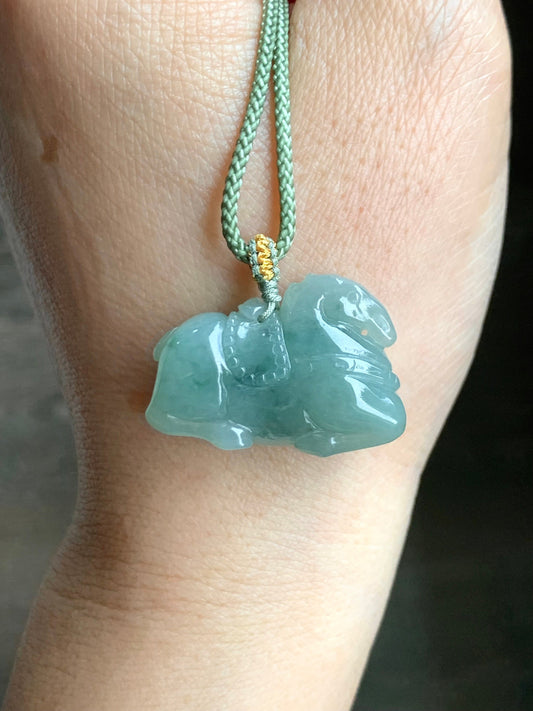 Natural Burmese Icy Translucent Gelatinous Light Green Jadeite w/ Dark Green Marbling Tang Horse Pendant Rope Necklace 天然缅甸冰胶晴底飘花翡翠唐马吊坠 B