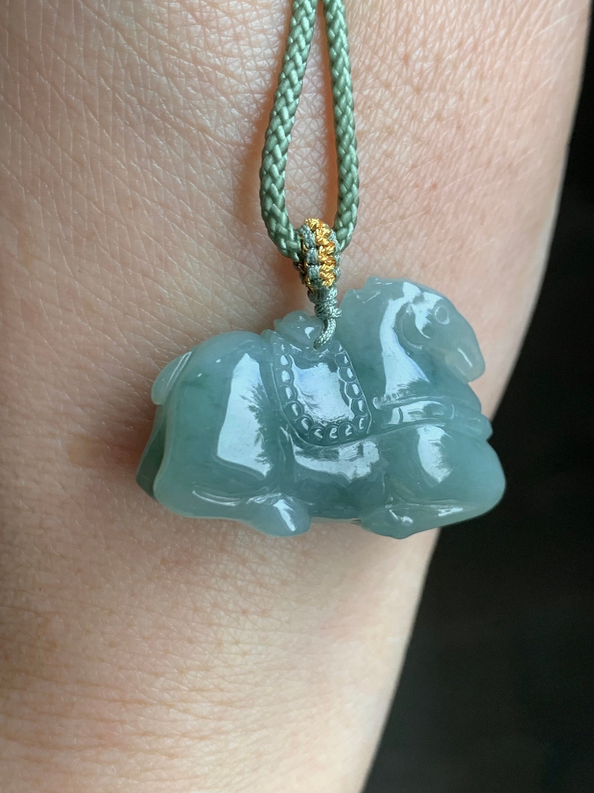Natural Burmese Icy Translucent Gelatinous Light Green Jadeite w/ Dark Green Marbling Tang Horse Pendant Rope Necklace 天然缅甸冰胶晴底飘花翡翠唐马吊坠 B