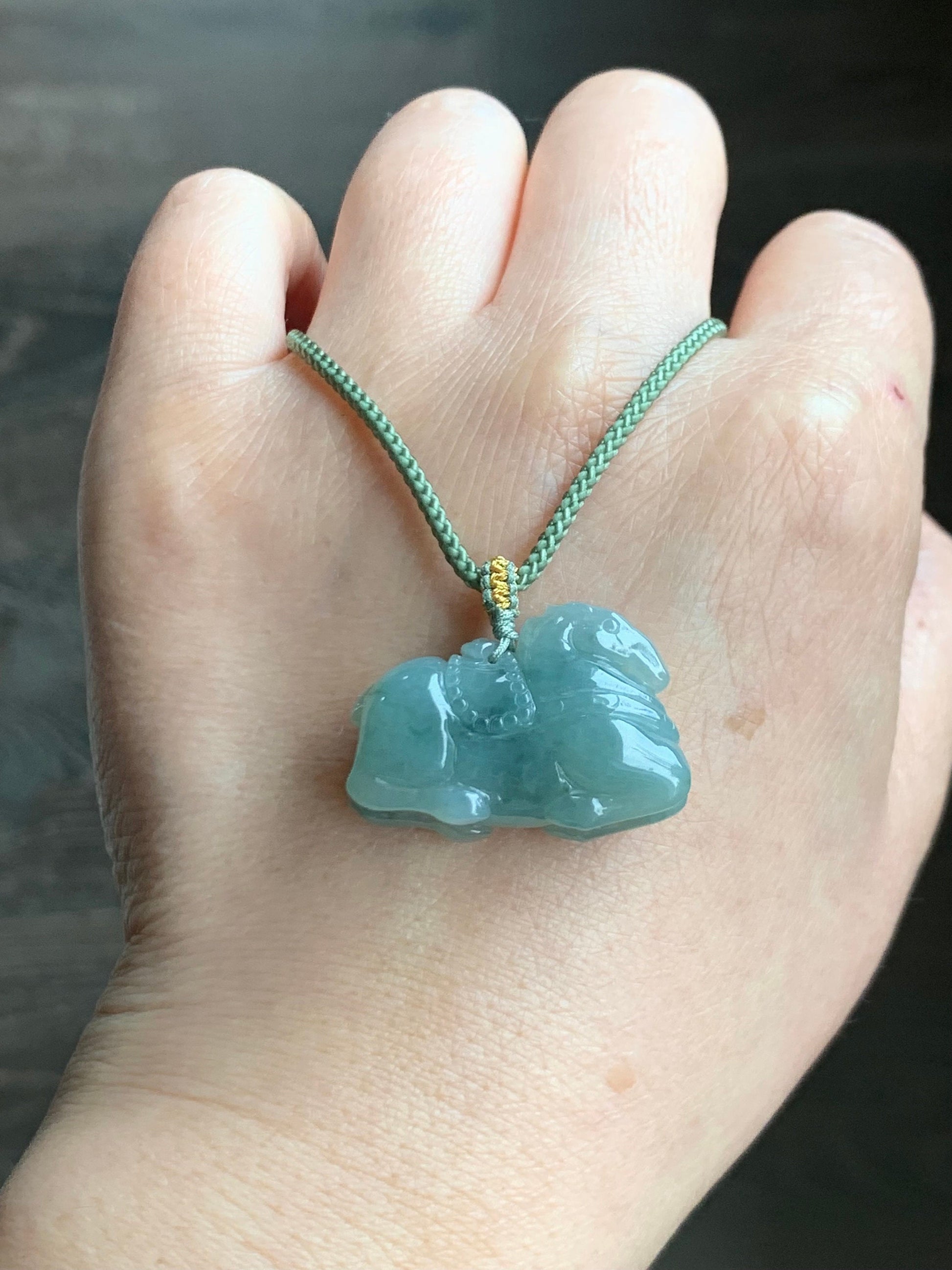 Natural Burmese Icy Translucent Gelatinous Light Green Jadeite w/ Dark Green Marbling Tang Horse Pendant Rope Necklace 天然缅甸冰胶晴底飘花翡翠唐马吊坠 B