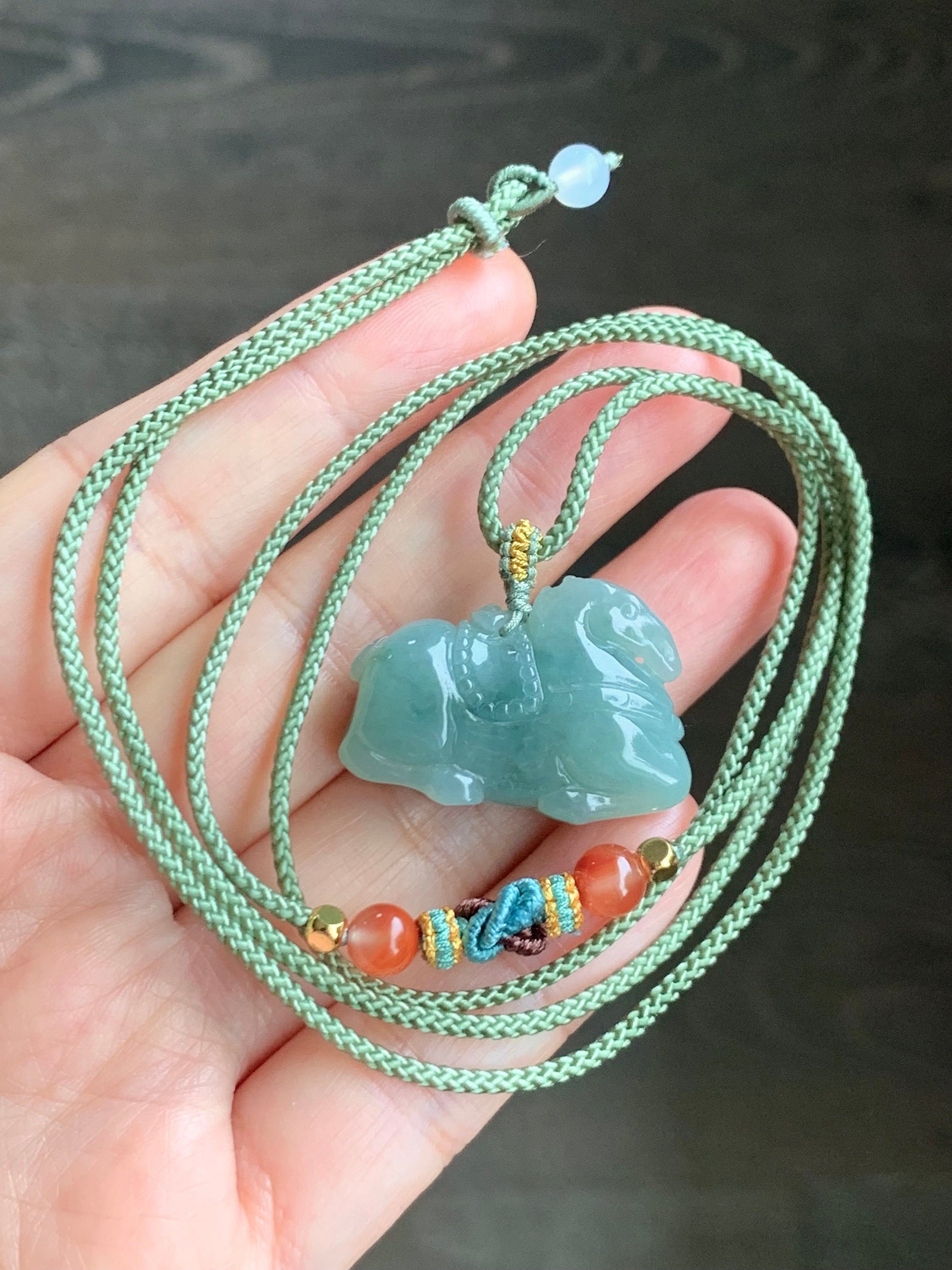 Natural Burmese Icy Translucent Gelatinous Light Green Jadeite w/ Dark Green Marbling Tang Horse Pendant Rope Necklace 天然缅甸冰胶晴底飘花翡翠唐马吊坠 B
