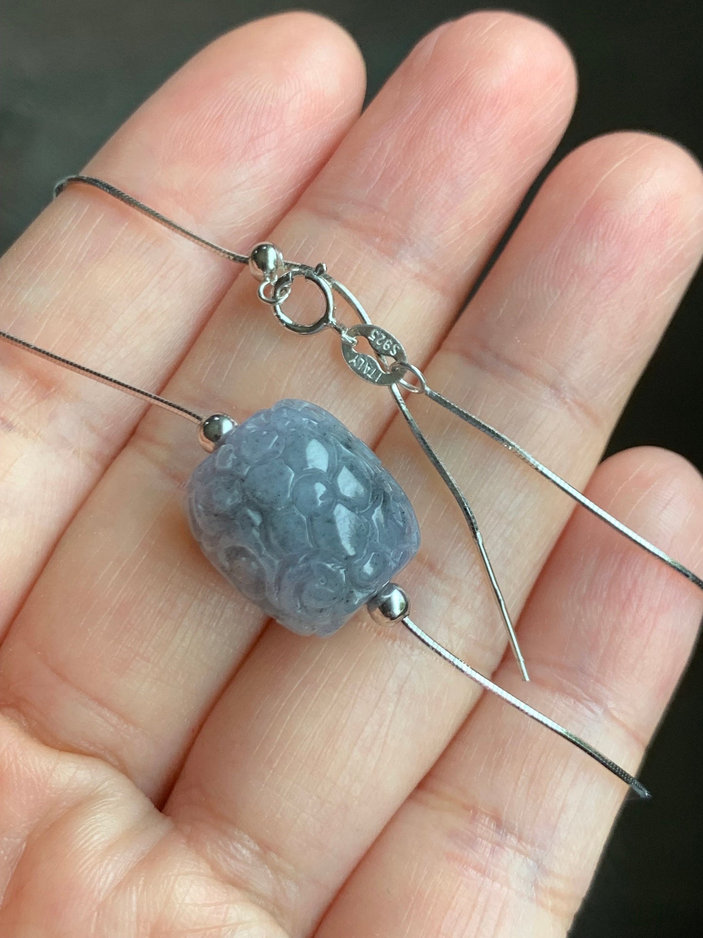 Natural Burmese Icy Translucent Wuji Jadeite Engraved LuLuTong Barrel Bead Pendant Sterling Silver Necklace 17” 天然缅甸冰胶乌鸡翡翠仿古雕路路通吊坠项链