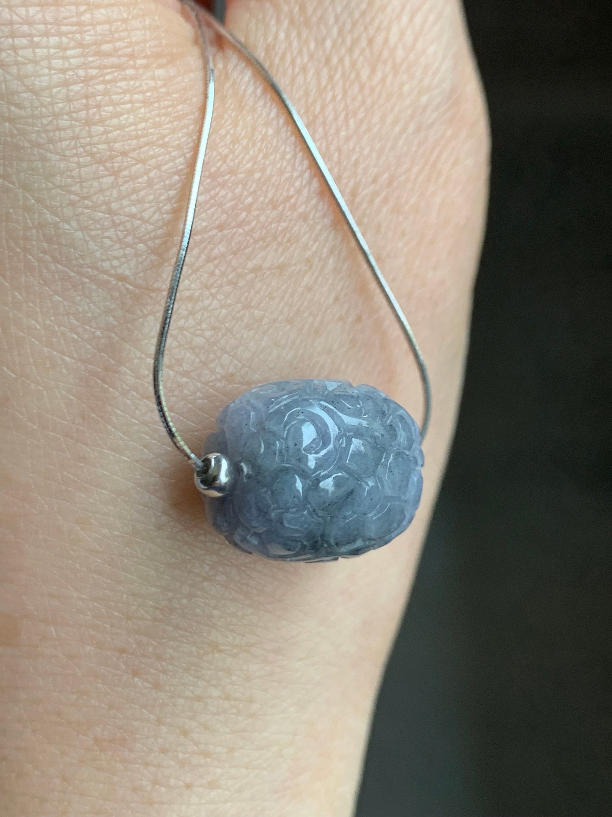 Natural Burmese Icy Translucent Wuji Jadeite Engraved LuLuTong Barrel Bead Pendant Sterling Silver Necklace 17” 天然缅甸冰胶乌鸡翡翠仿古雕路路通吊坠项链