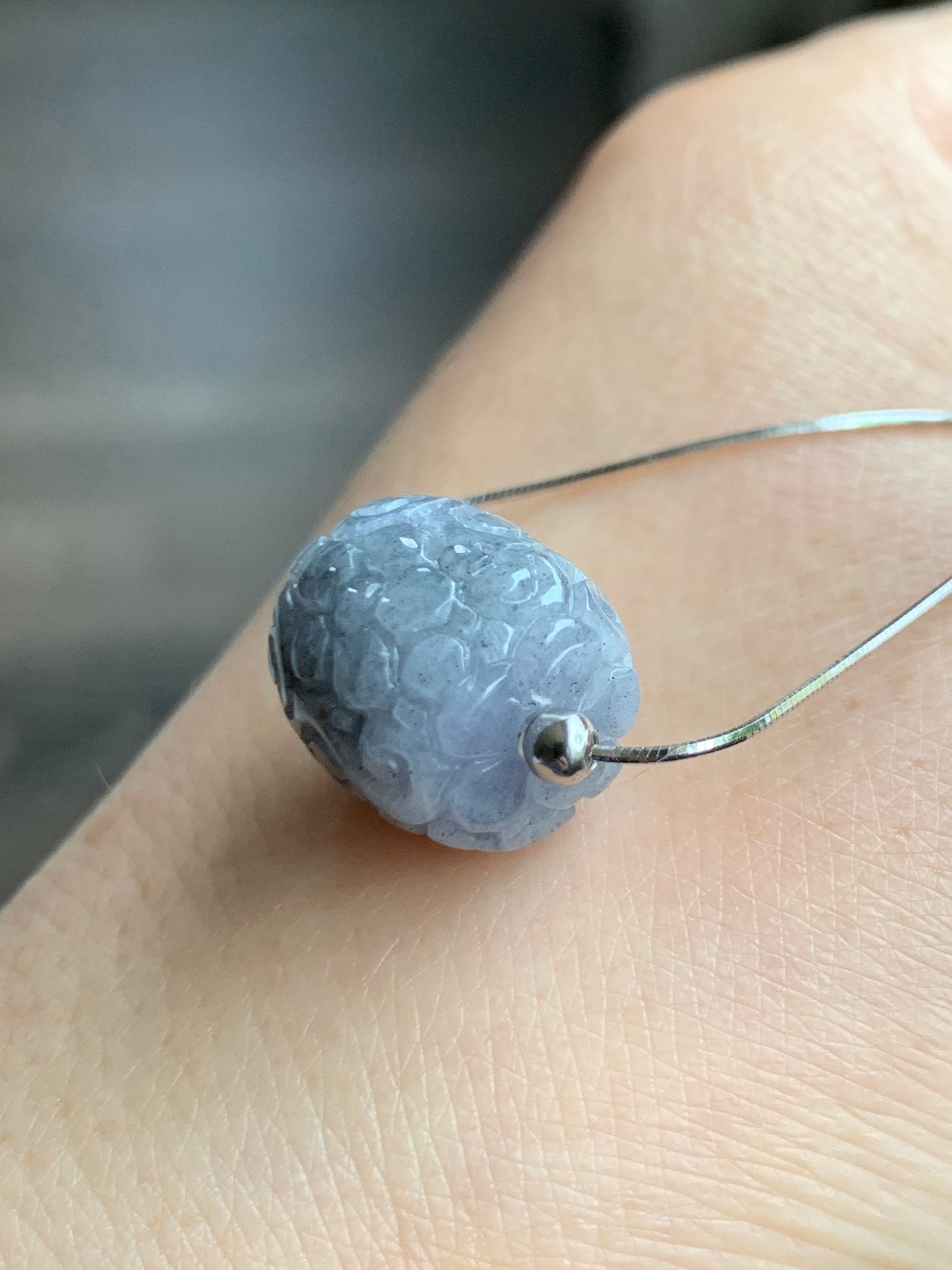 Natural Burmese Icy Translucent Wuji Jadeite Engraved LuLuTong Barrel Bead Pendant Sterling Silver Necklace 17” 天然缅甸冰胶乌鸡翡翠仿古雕路路通吊坠项链