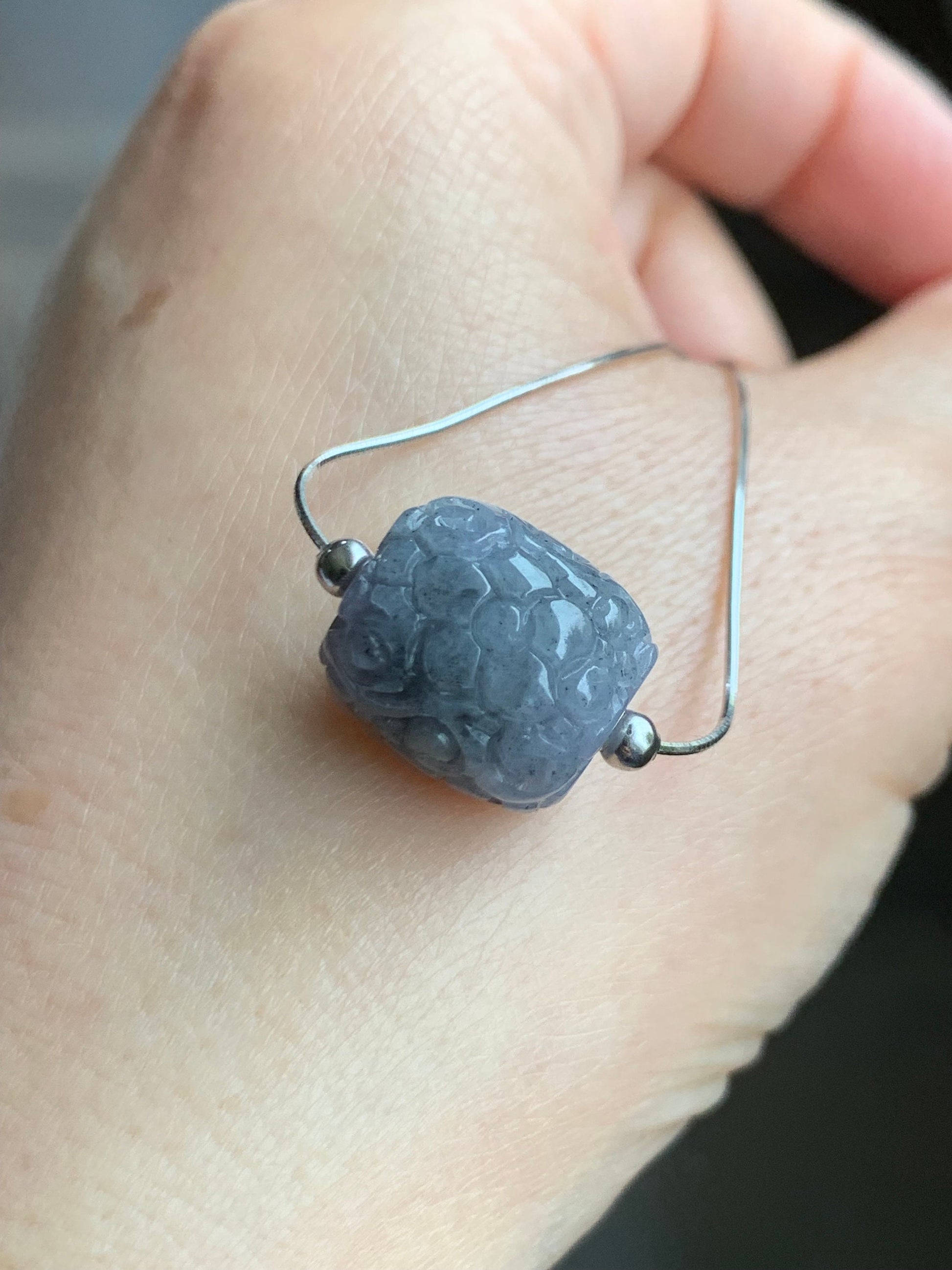 Natural Burmese Icy Translucent Wuji Jadeite Engraved LuLuTong Barrel Bead Pendant Sterling Silver Necklace 17” 天然缅甸冰胶乌鸡翡翠仿古雕路路通吊坠项链