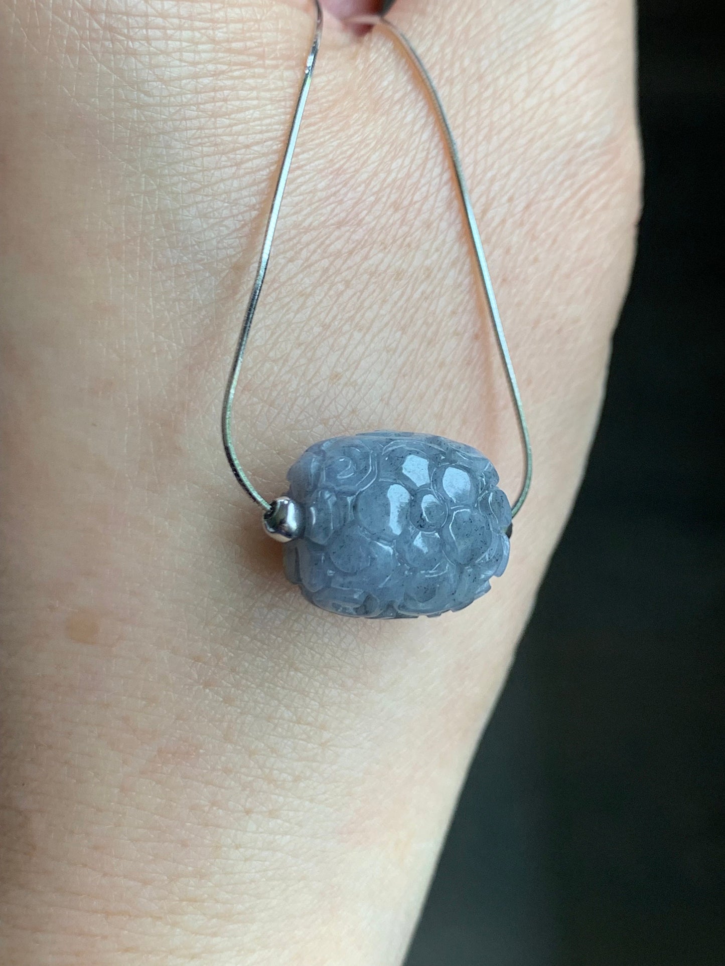 Natural Burmese Icy Translucent Wuji Jadeite Engraved LuLuTong Barrel Bead Pendant Sterling Silver Necklace 17” 天然缅甸冰胶乌鸡翡翠仿古雕路路通吊坠项链