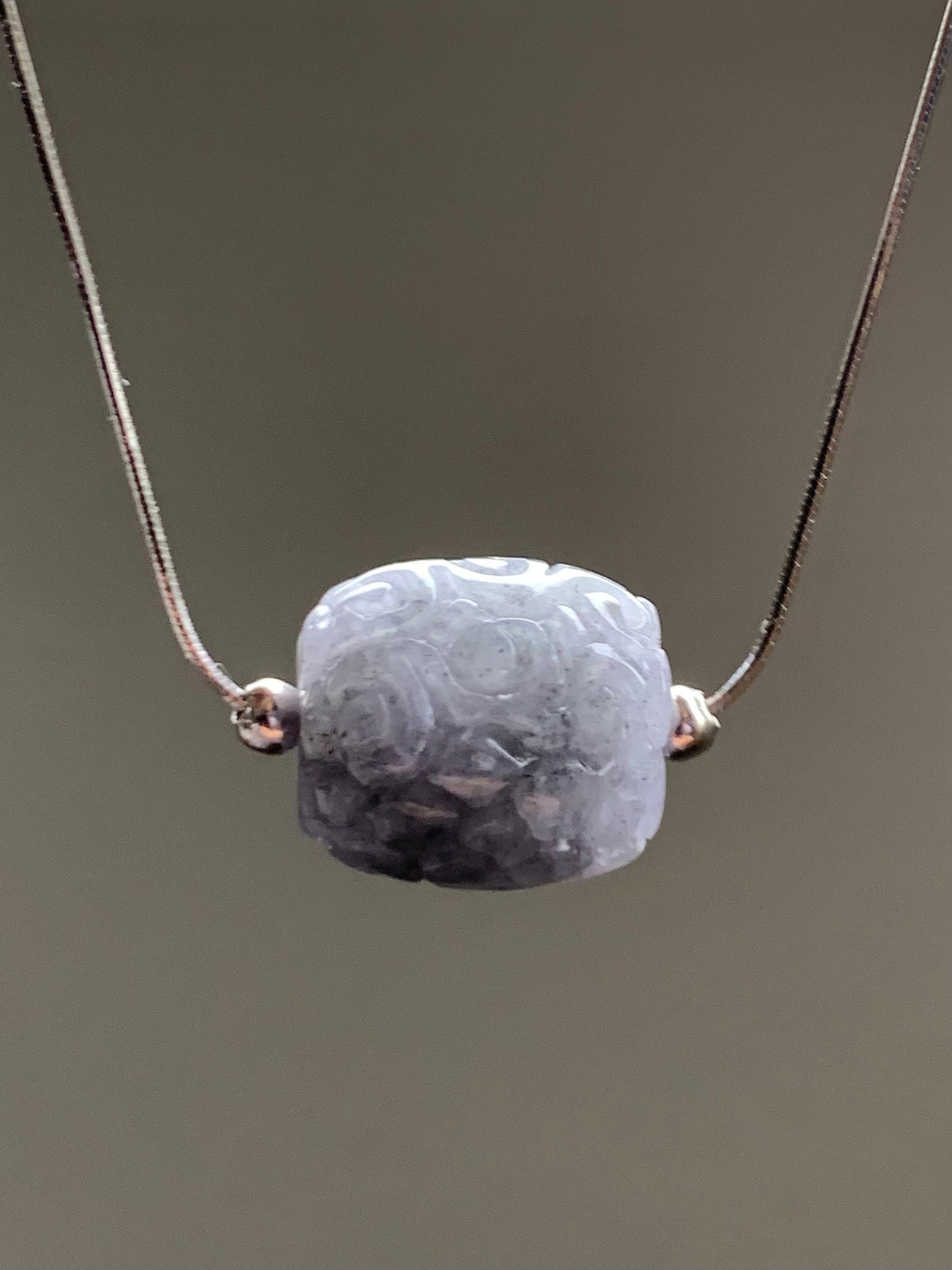 Natural Burmese Icy Translucent Wuji Jadeite Engraved LuLuTong Barrel Bead Pendant Sterling Silver Necklace 17” 天然缅甸冰胶乌鸡翡翠仿古雕路路通吊坠项链