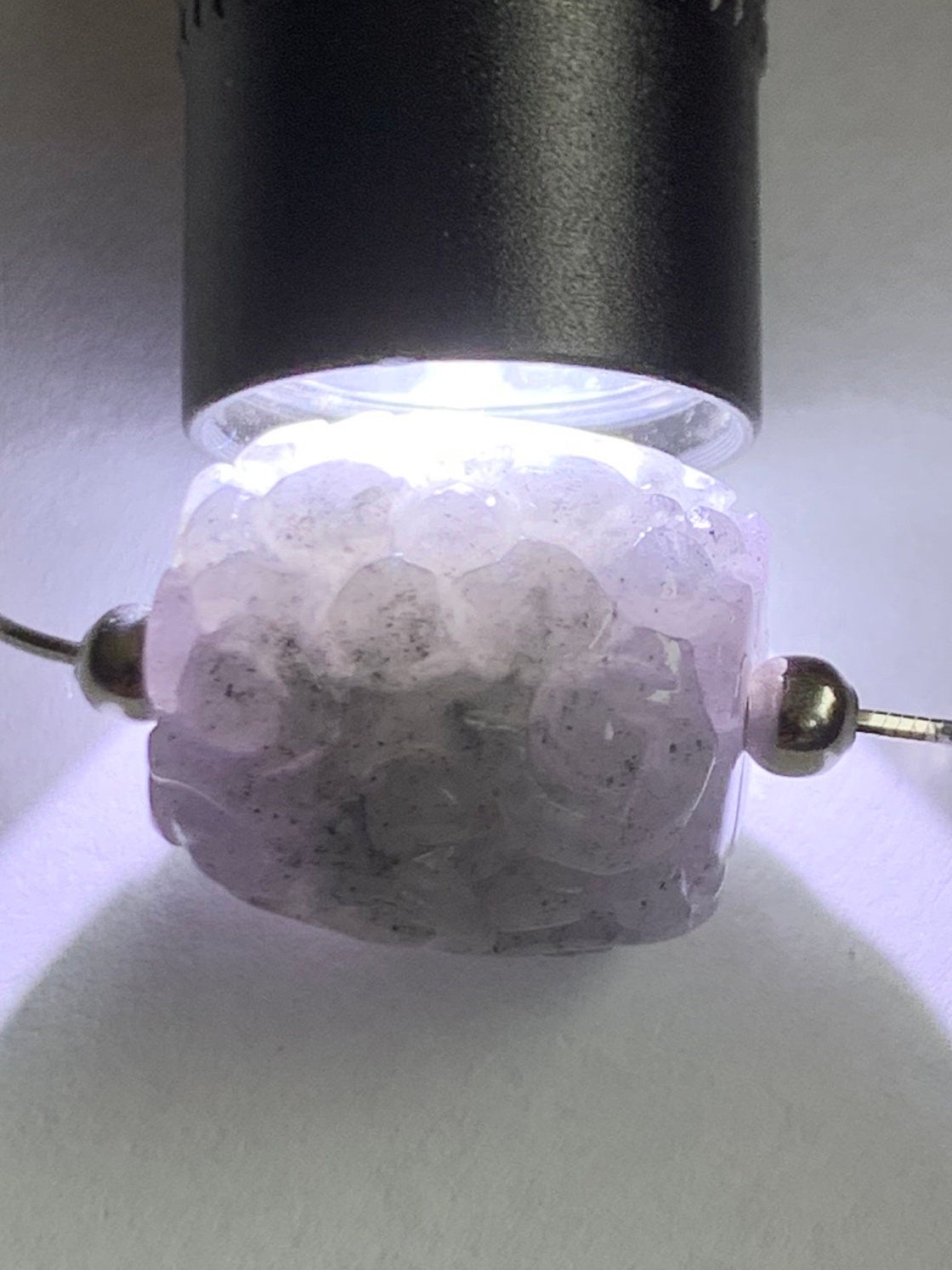 Natural Burmese Icy Translucent Wuji Jadeite Engraved LuLuTong Barrel Bead Pendant Sterling Silver Necklace 17” 天然缅甸冰胶乌鸡翡翠仿古雕路路通吊坠项链