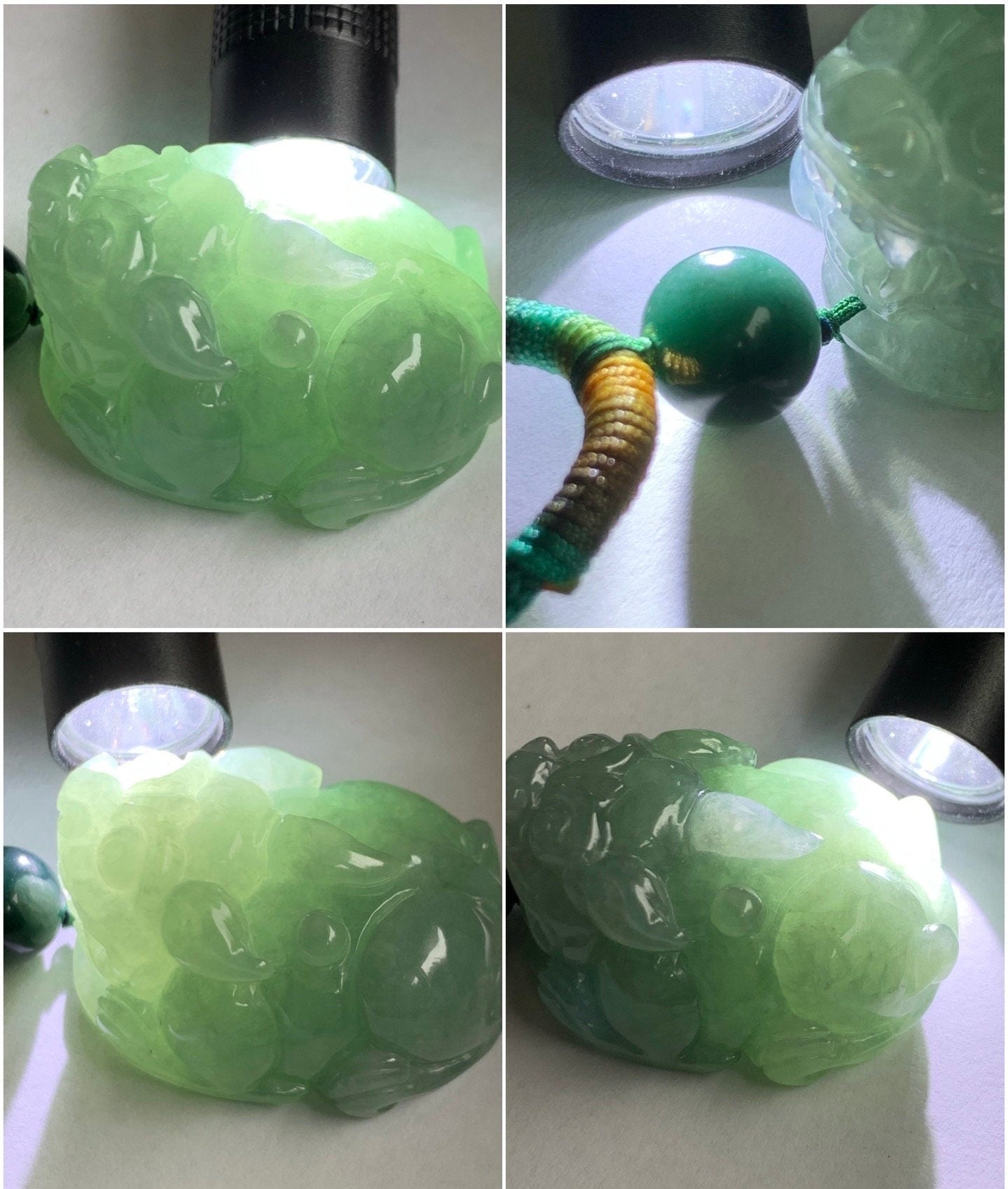 Large Natural Burmese Icy Translucent Light Green Jadeite Pixiu Pendant Rope Necklace 30" Adjustable 36g 天然缅甸冰晴绿翡翠貔貅吊坠