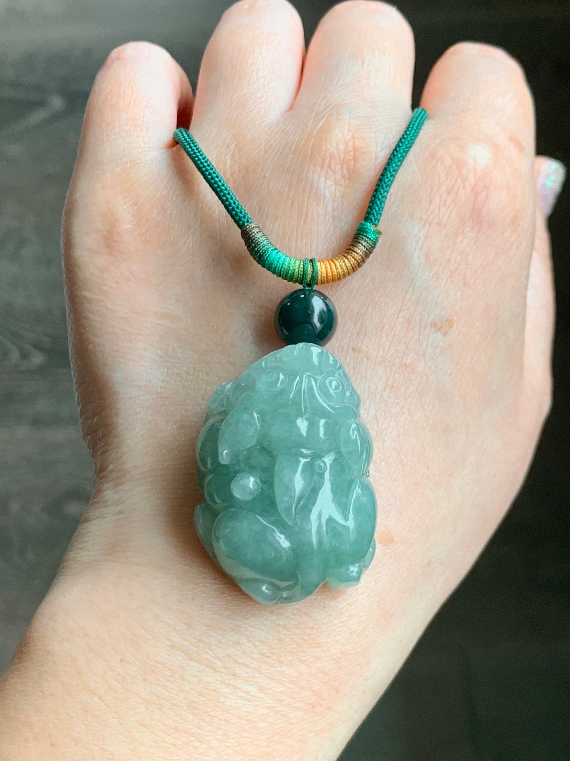 Large Natural Burmese Icy Translucent Light Green Jadeite Pixiu Pendant Rope Necklace 30" Adjustable 36g 天然缅甸冰晴绿翡翠貔貅吊坠