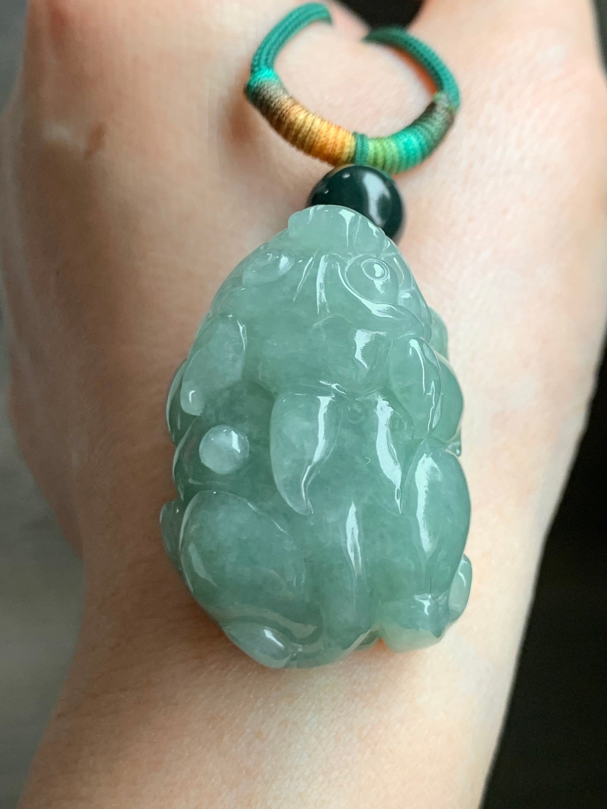 Large Natural Burmese Icy Translucent Light Green Jadeite Pixiu Pendant Rope Necklace 30" Adjustable 36g 天然缅甸冰晴绿翡翠貔貅吊坠