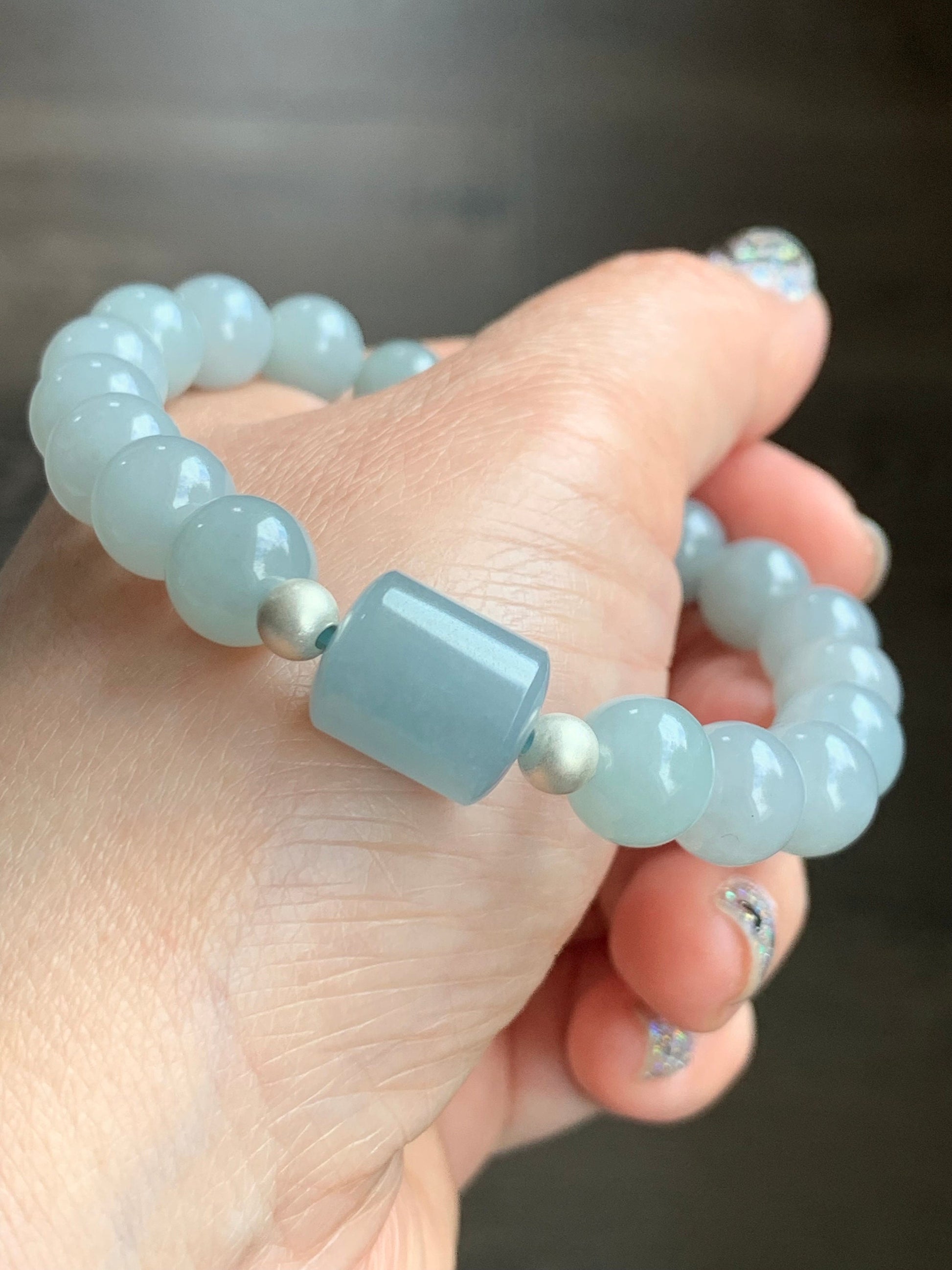 Natural Guatemalan Icy Translucent Light Blue Jadeite LuLuTong Barrel Bead Beaded Bracelet Sterling Silver 9.5mm 7.5” 31g 天然冰危淡蓝翡翠路路通手串 0302
