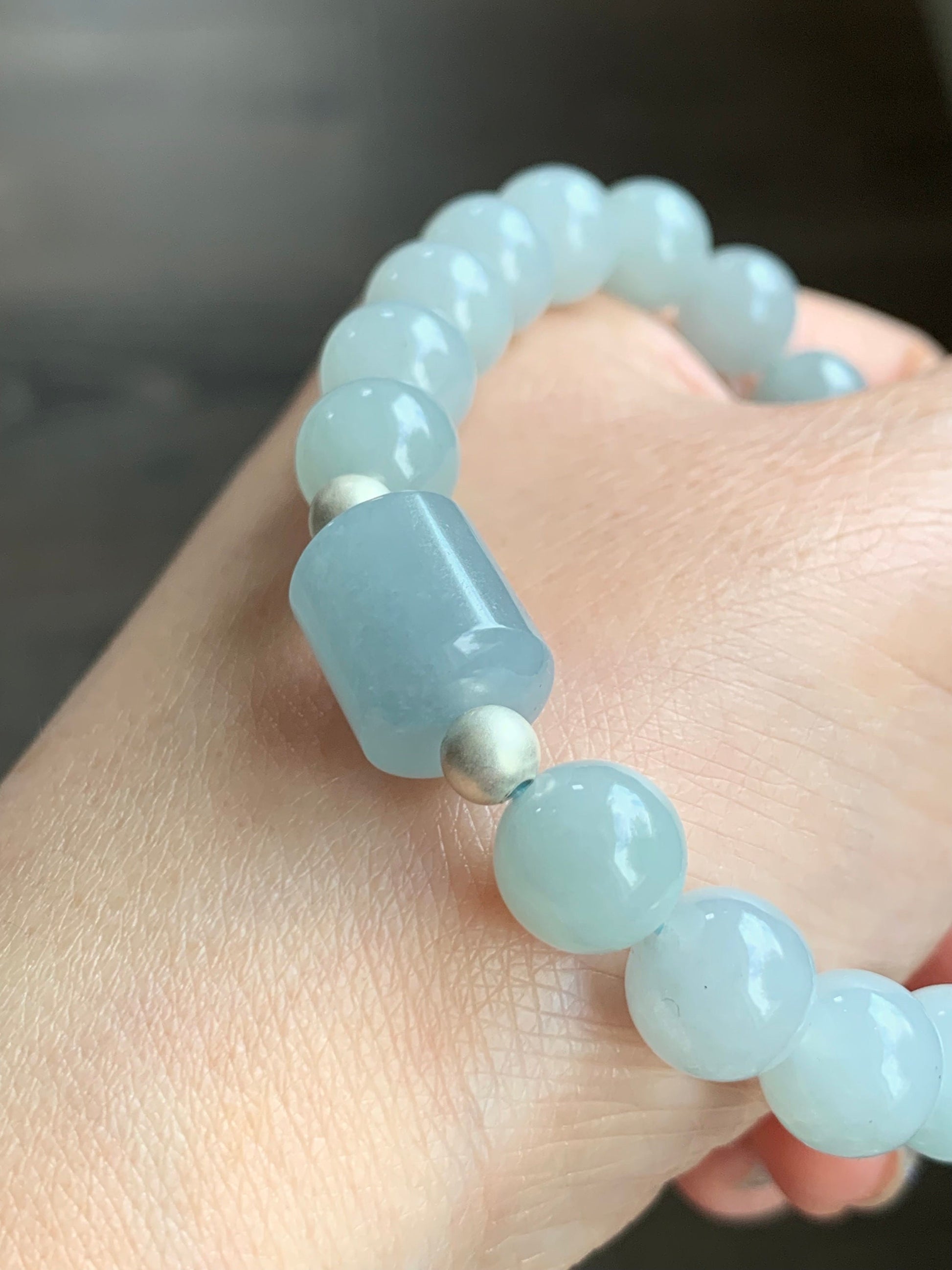 Natural Guatemalan Icy Translucent Light Blue Jadeite LuLuTong Barrel Bead Beaded Bracelet Sterling Silver 9.5mm 7.5” 31g 天然冰危淡蓝翡翠路路通手串 0302