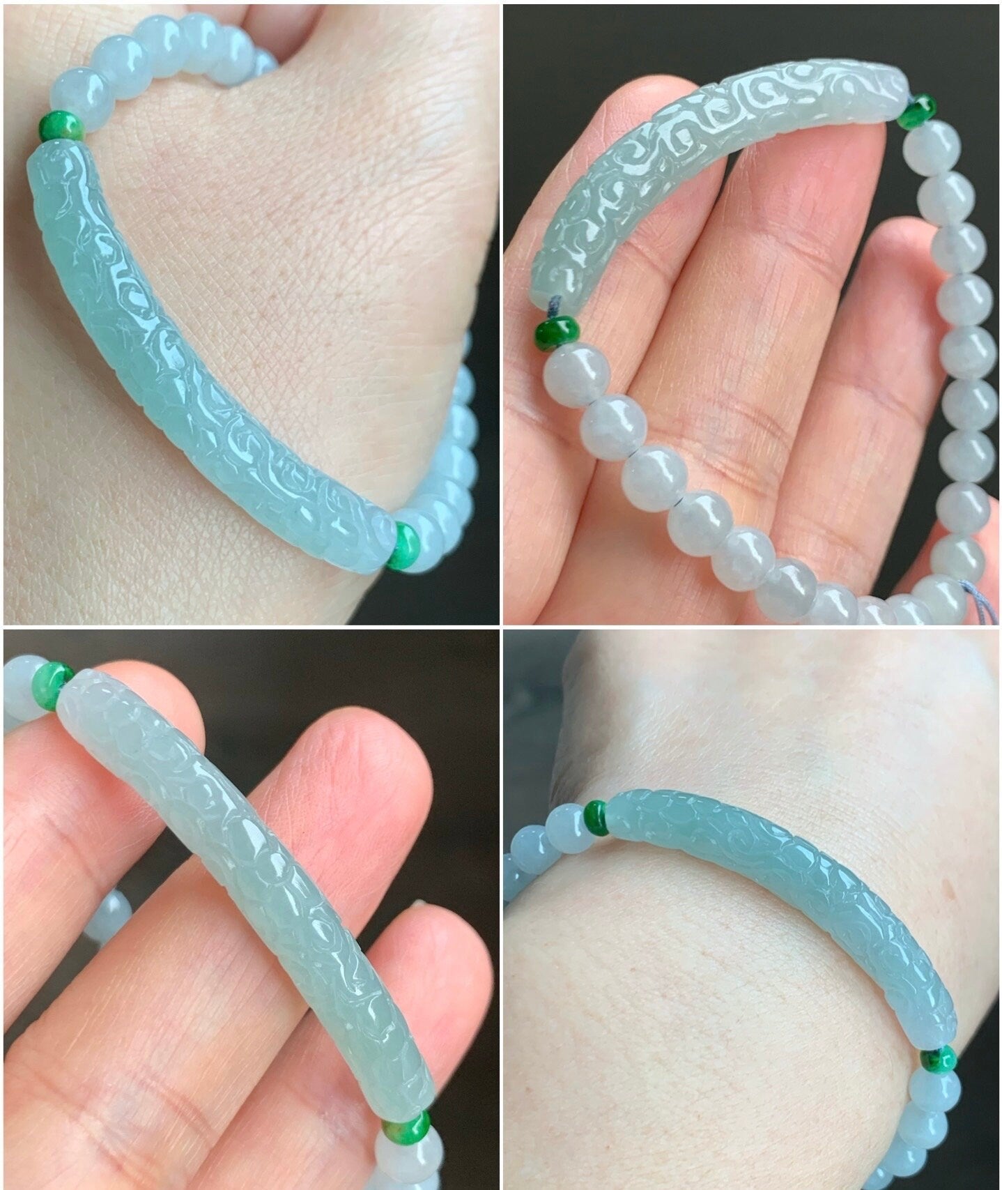 Natural Burmese Icy Translucent Light Blue Jadeite Engraved Slim Cuff Icy White Jadeite Beaded Bracelet 6" 12g 天然缅甸冰淡蓝翡翠仿古雕细手牌白冰翡翠圆珠手串