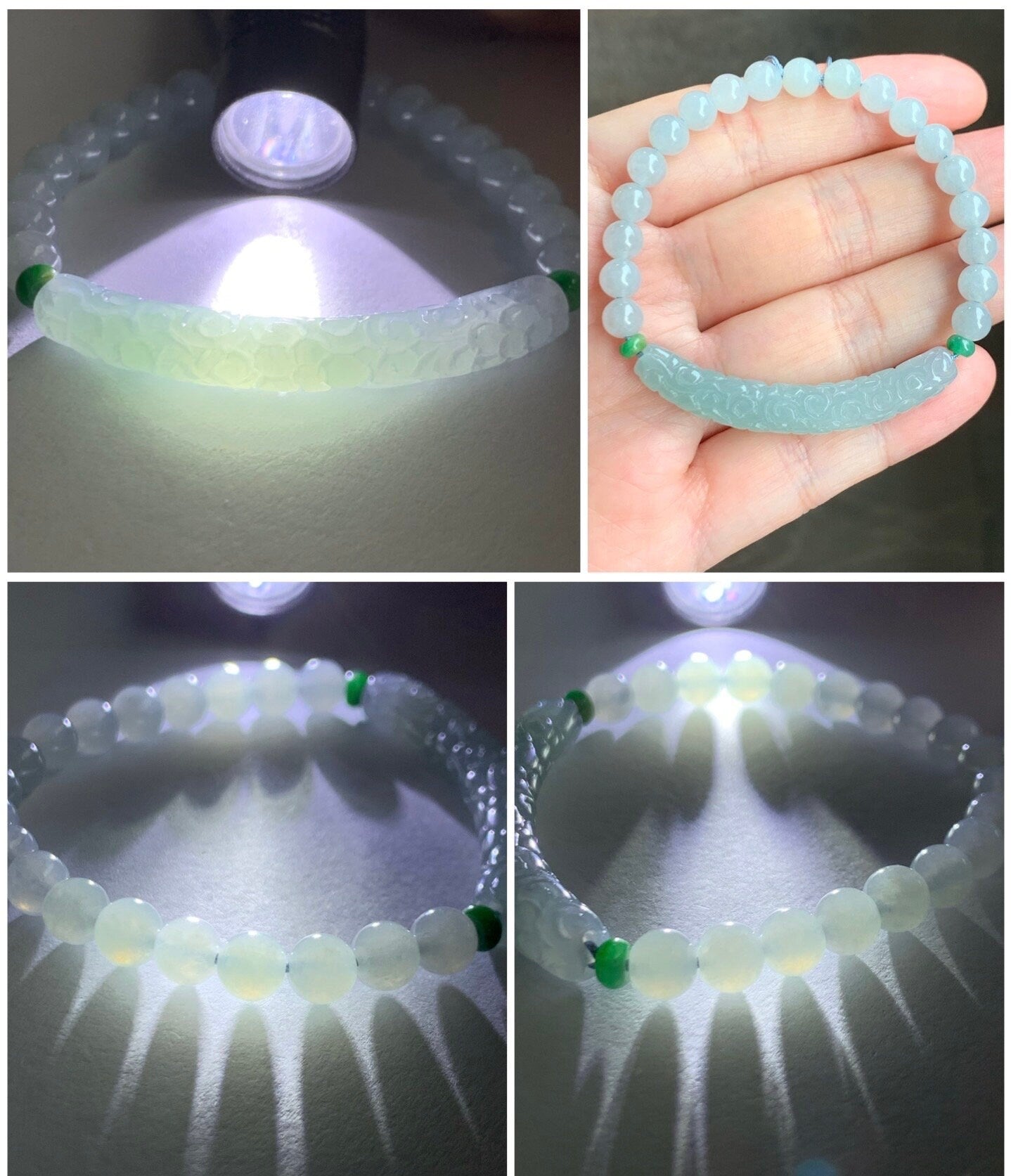 Natural Burmese Icy Translucent Light Blue Jadeite Engraved Slim Cuff Icy White Jadeite Beaded Bracelet 6" 12g 天然缅甸冰淡蓝翡翠仿古雕细手牌白冰翡翠圆珠手串
