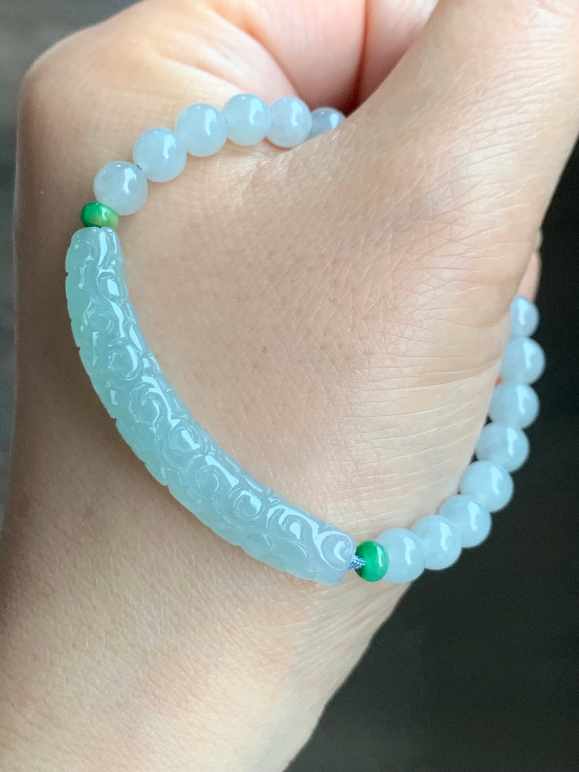 Natural Burmese Icy Translucent Light Blue Jadeite Engraved Slim Cuff Icy White Jadeite Beaded Bracelet 6" 12g 天然缅甸冰淡蓝翡翠仿古雕细手牌白冰翡翠圆珠手串