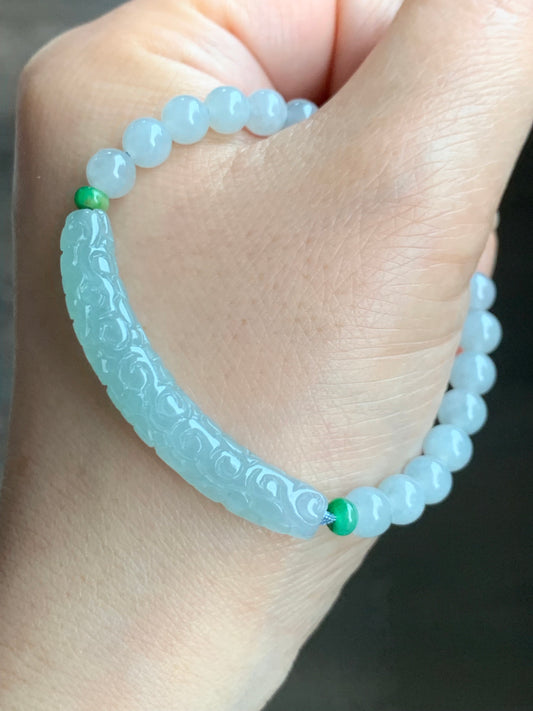 Natural Burmese Icy Translucent Light Blue Jadeite Engraved Slim Cuff Icy White Jadeite Beaded Bracelet 6" 12g 天然缅甸冰淡蓝翡翠仿古雕细手牌白冰翡翠圆珠手串