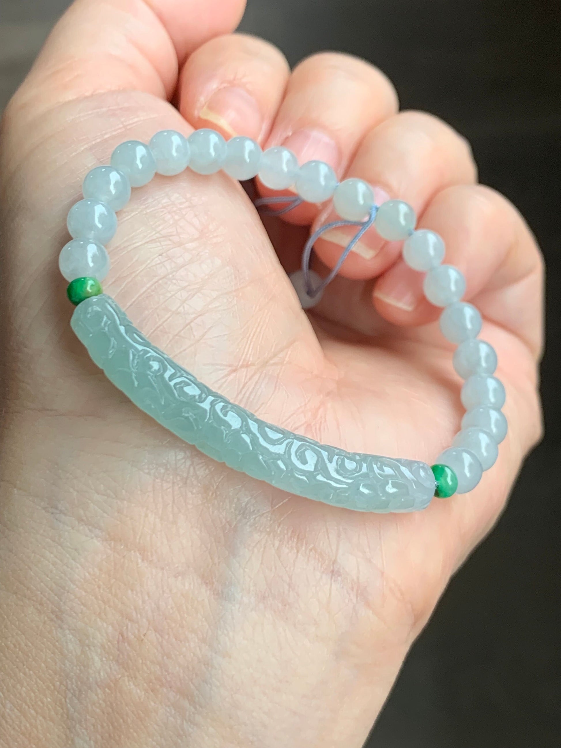 Natural Burmese Icy Translucent Light Blue Jadeite Engraved Slim Cuff Icy White Jadeite Beaded Bracelet 6" 12g 天然缅甸冰淡蓝翡翠仿古雕细手牌白冰翡翠圆珠手串