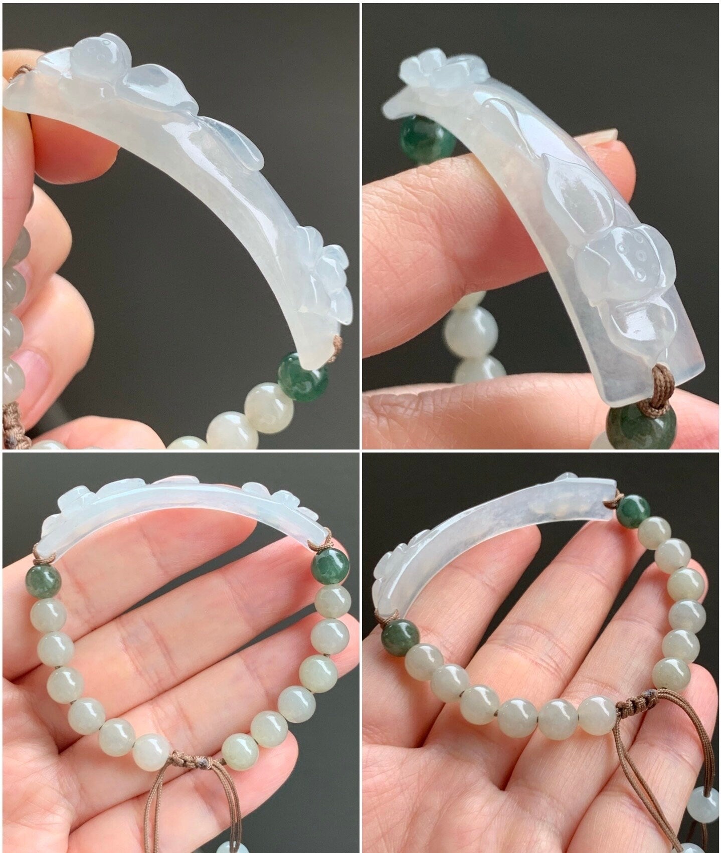 Natural Burmese Grade A Icy Highly Translucent Jadeite Lotus Flower Cuff Beige Jadeite Beads Beaded Bracelet 6” 16g 天然缅甸冰胶翡翠莲花手牌冰糖黄翡翠圆珠手串
