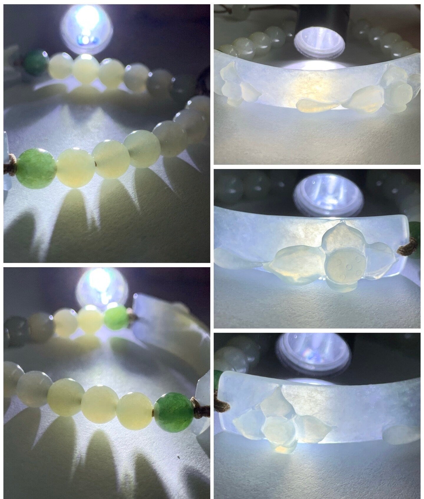 Natural Burmese Grade A Icy Highly Translucent Jadeite Lotus Flower Cuff Beige Jadeite Beads Beaded Bracelet 6” 16g 天然缅甸冰胶翡翠莲花手牌冰糖黄翡翠圆珠手串