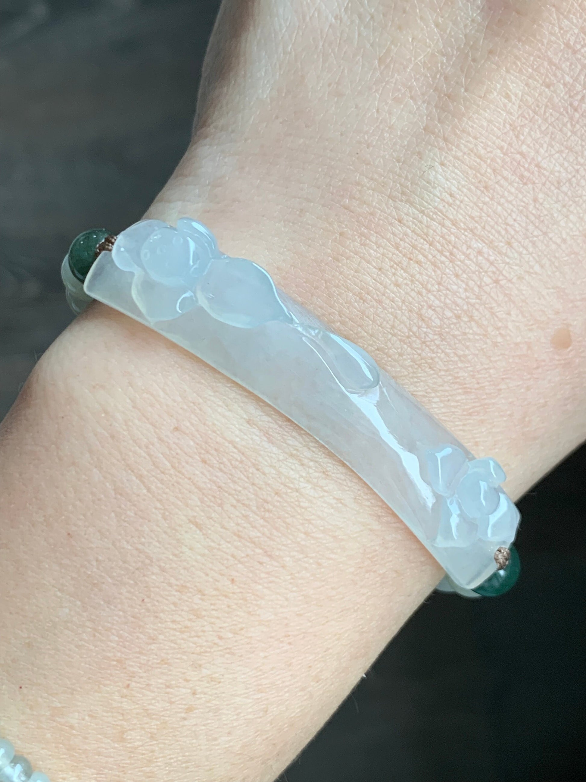 Natural Burmese Grade A Icy Highly Translucent Jadeite Lotus Flower Cuff Beige Jadeite Beads Beaded Bracelet 6” 16g 天然缅甸冰胶翡翠莲花手牌冰糖黄翡翠圆珠手串