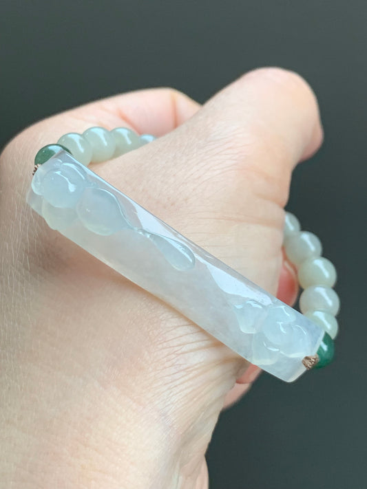Natural Burmese Grade A Icy Highly Translucent Jadeite Lotus Flower Cuff Beige Jadeite Beads Beaded Bracelet 6” 16g 天然缅甸冰胶翡翠莲花手牌冰糖黄翡翠圆珠手串