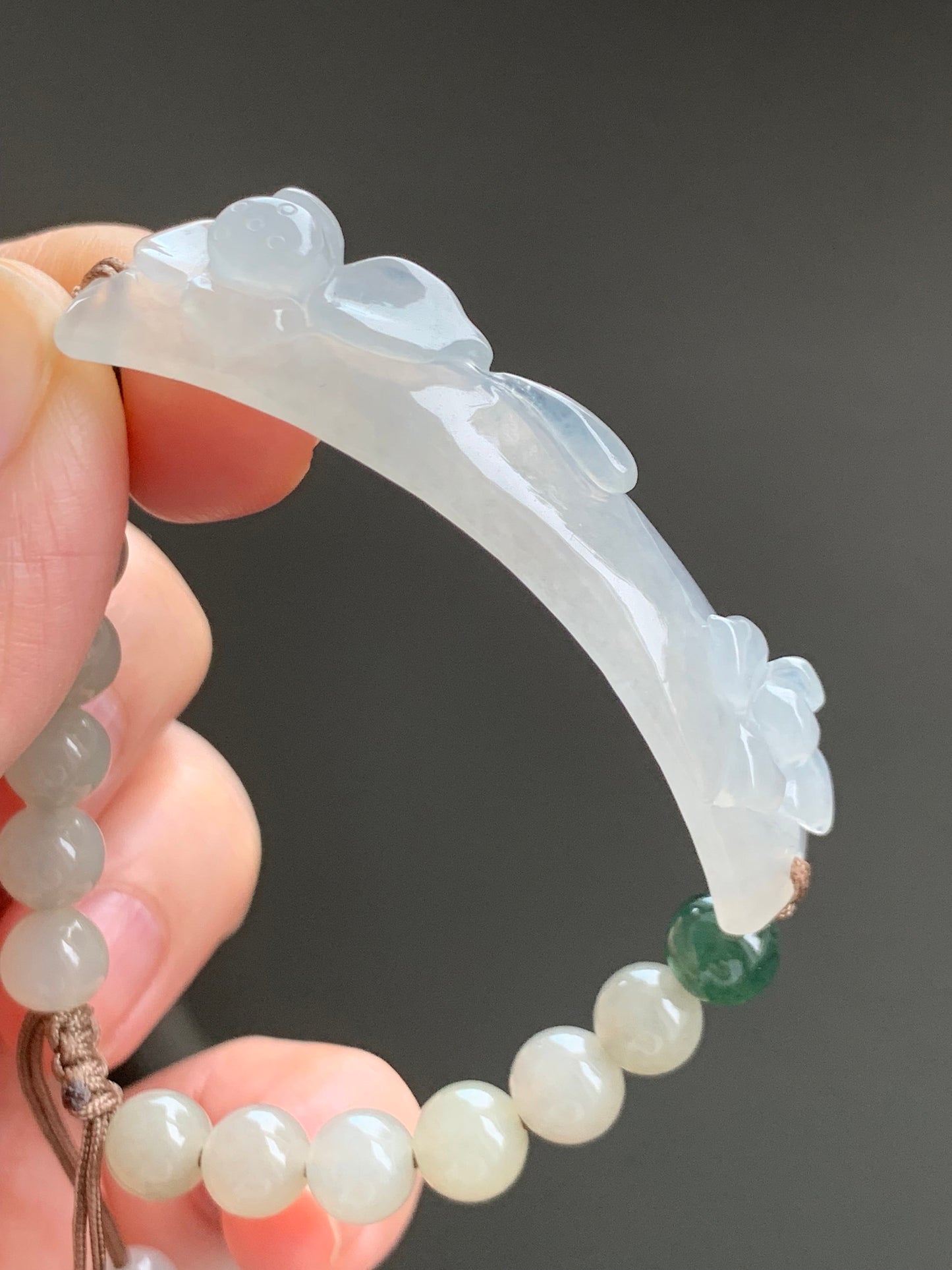 Natural Burmese Grade A Icy Highly Translucent Jadeite Lotus Flower Cuff Beige Jadeite Beads Beaded Bracelet 6” 16g 天然缅甸冰胶翡翠莲花手牌冰糖黄翡翠圆珠手串