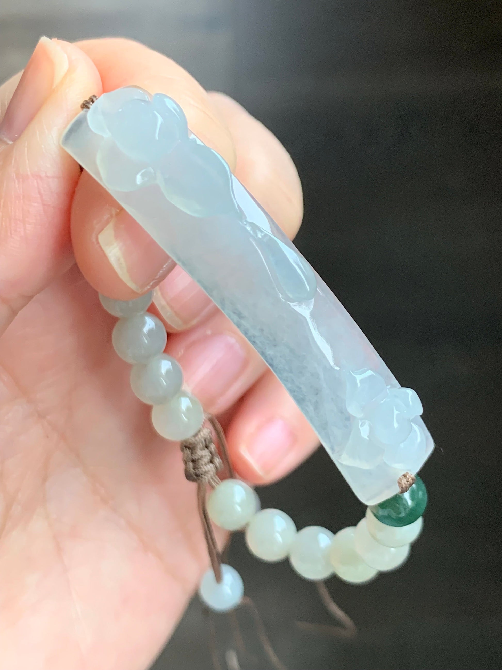 Natural Burmese Grade A Icy Highly Translucent Jadeite Lotus Flower Cuff Beige Jadeite Beads Beaded Bracelet 6” 16g 天然缅甸冰胶翡翠莲花手牌冰糖黄翡翠圆珠手串
