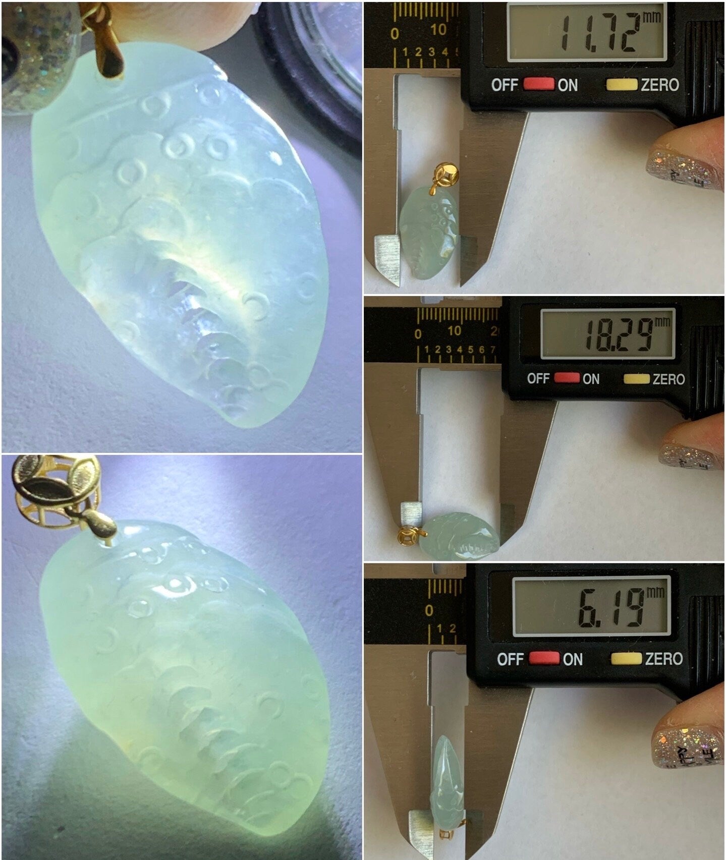 Natural Burmese Grade A Premium Icy Highly Translucent Light Green Jadeite Crab Claw Pendant 18K Yellow Gold Bail 天然缅甸起冰起光晴底翡翠蟹钳镶嵌吊坠