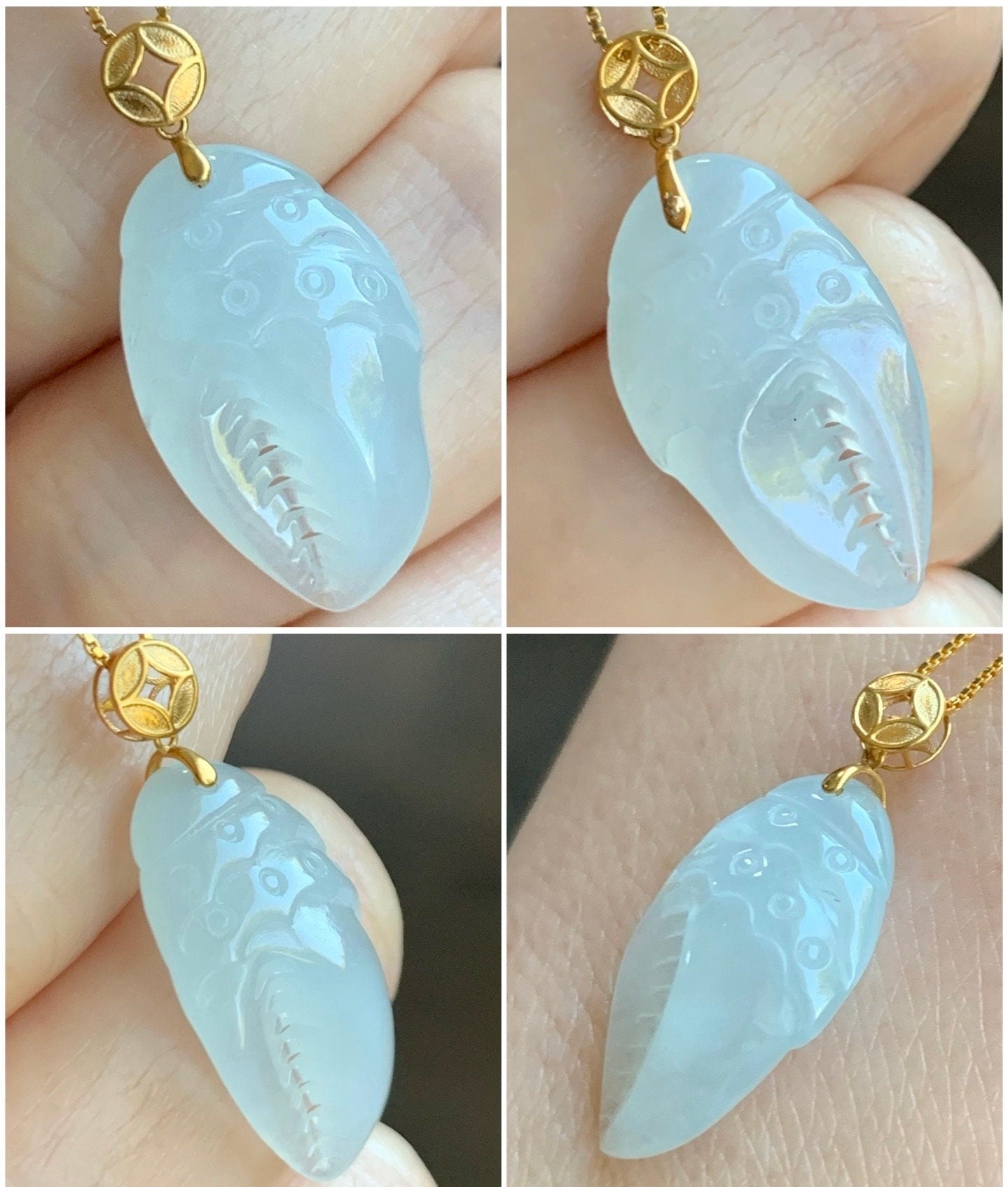 Natural Burmese Grade A Premium Icy Highly Translucent White Jadeite Crab Claw Pendant 18K Yellow Gold Bail 天然缅甸起冰起光白冰翡翠蟹钳镶嵌吊坠