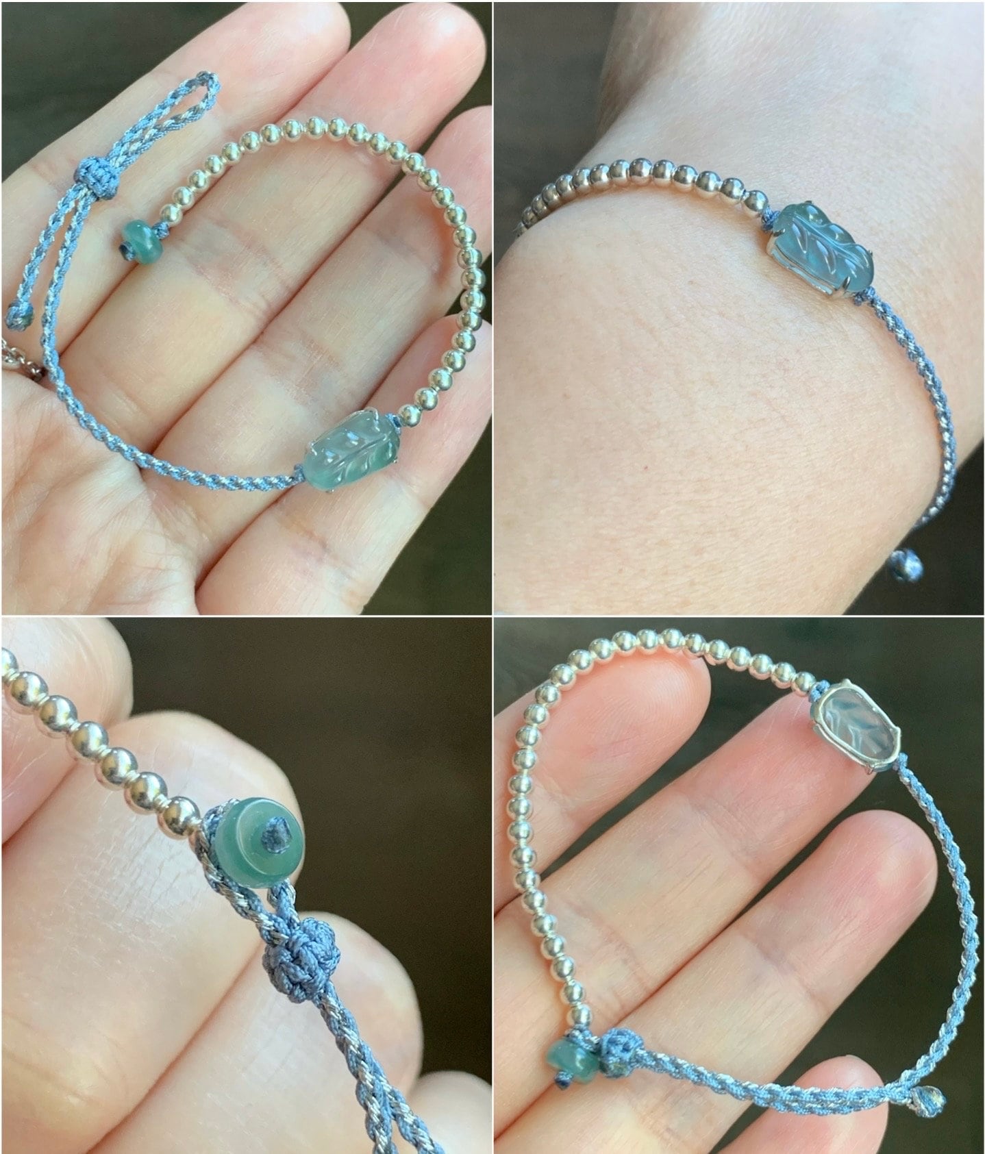 Natural Guatemalan Icy Highly Translucent Light Blue Jadeite Carved Leaf Sterling Silver Beads Rope Bracelet Adjustable 天然冰危淡蓝起光翡翠大叶有成银珠手绳