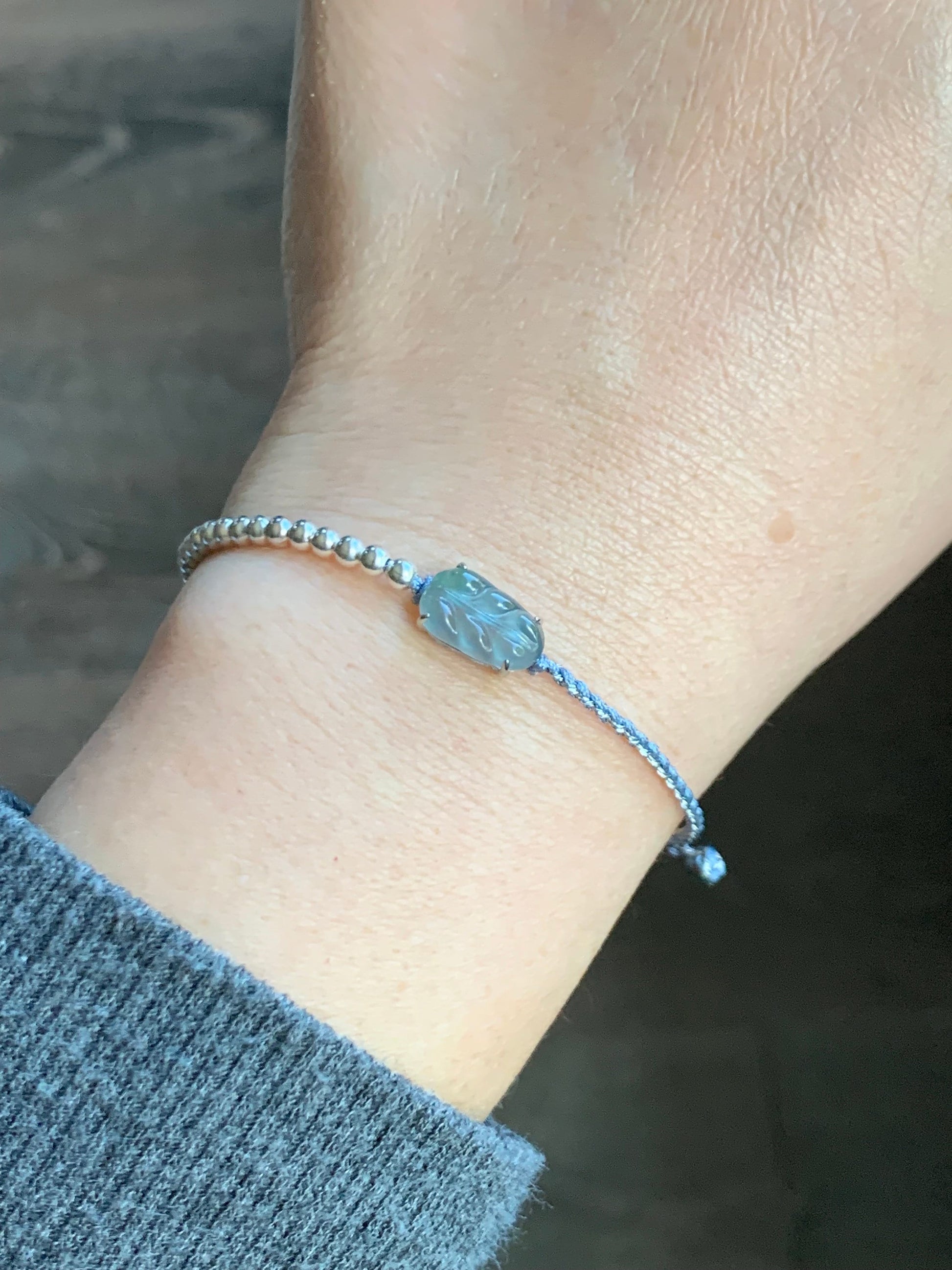 Natural Guatemalan Icy Highly Translucent Light Blue Jadeite Carved Leaf Sterling Silver Beads Rope Bracelet Adjustable 天然冰危淡蓝起光翡翠大叶有成银珠手绳