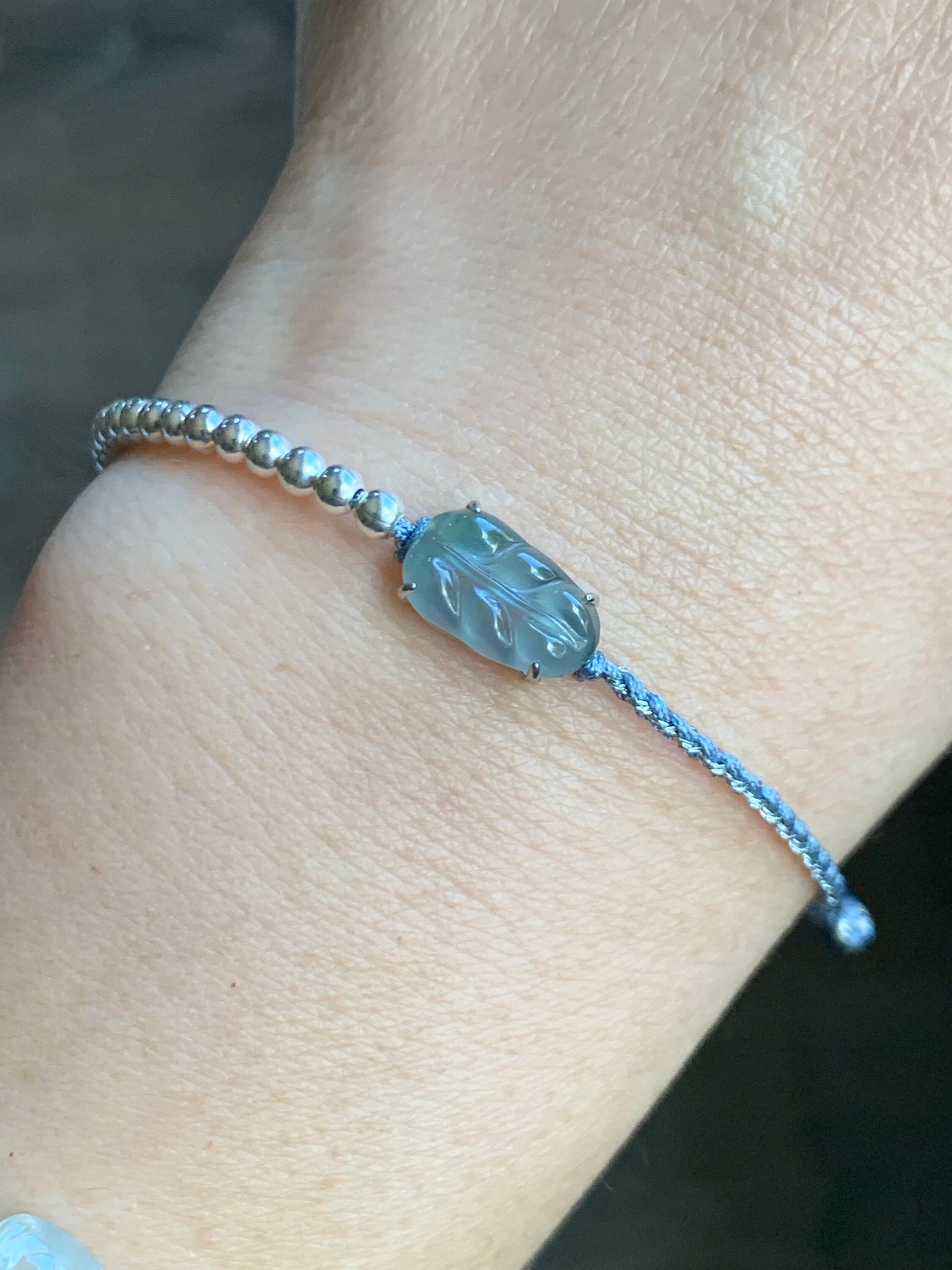 Natural Guatemalan Icy Highly Translucent Light Blue Jadeite Carved Leaf Sterling Silver Beads Rope Bracelet Adjustable 天然冰危淡蓝起光翡翠大叶有成银珠手绳
