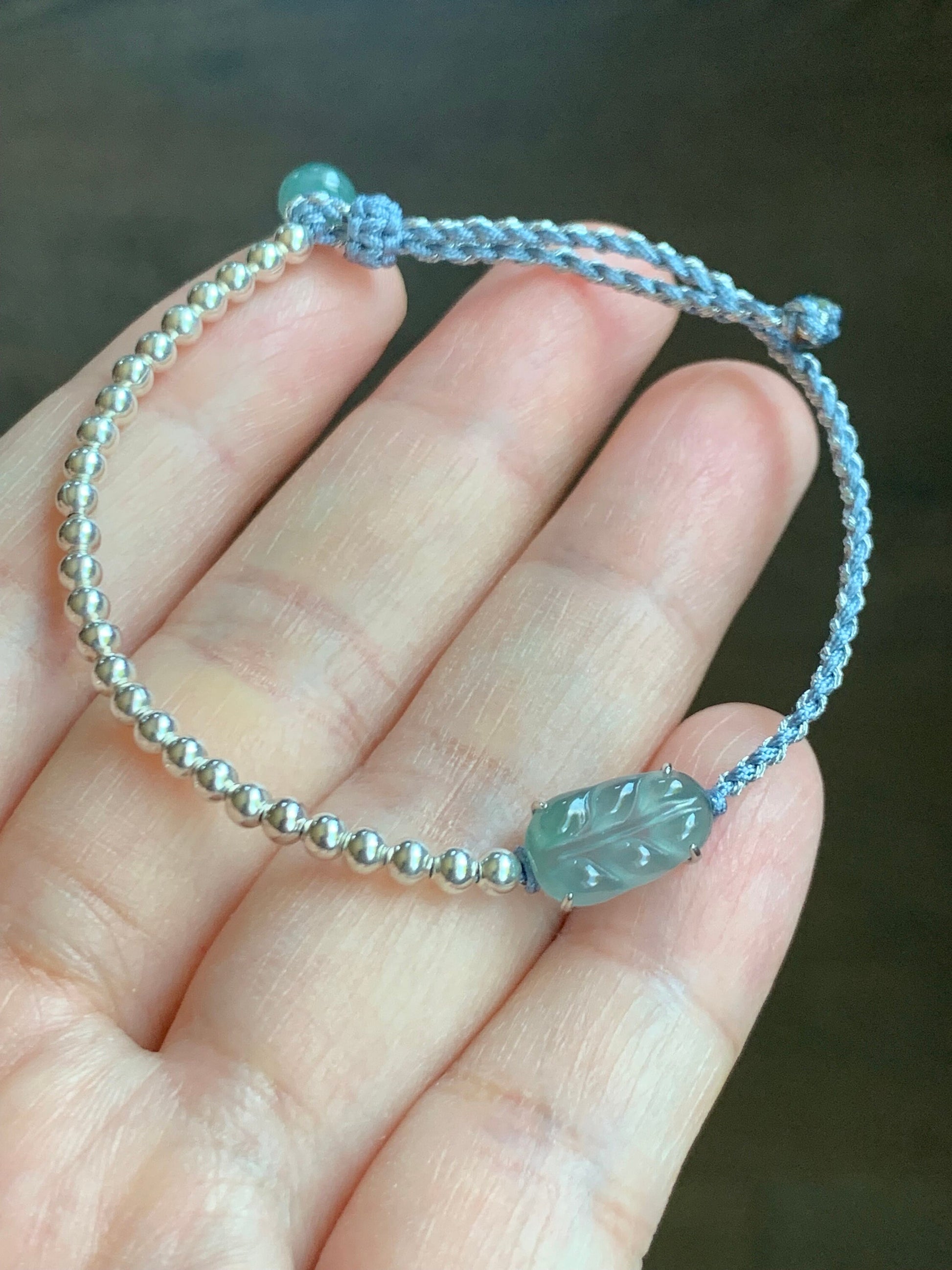 Natural Guatemalan Icy Highly Translucent Light Blue Jadeite Carved Leaf Sterling Silver Beads Rope Bracelet Adjustable 天然冰危淡蓝起光翡翠大叶有成银珠手绳