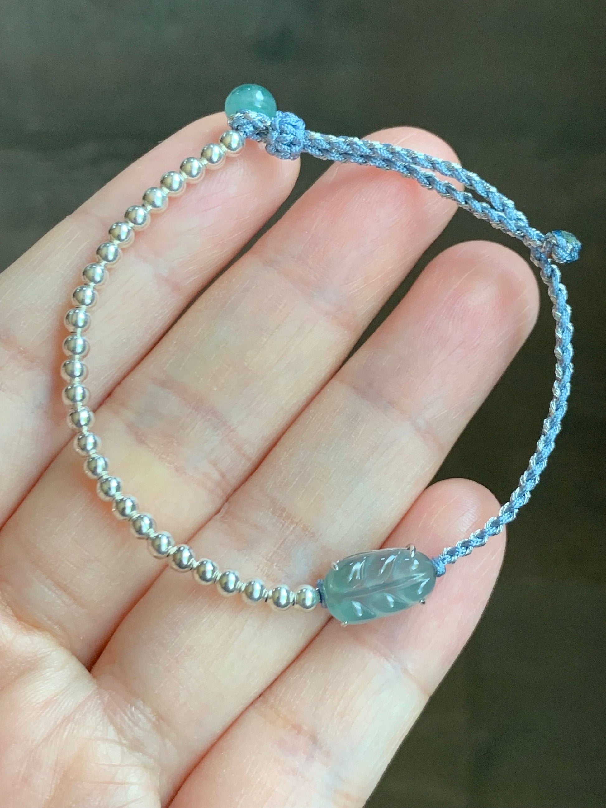 Natural Guatemalan Icy Highly Translucent Light Blue Jadeite Carved Leaf Sterling Silver Beads Rope Bracelet Adjustable 天然冰危淡蓝起光翡翠大叶有成银珠手绳