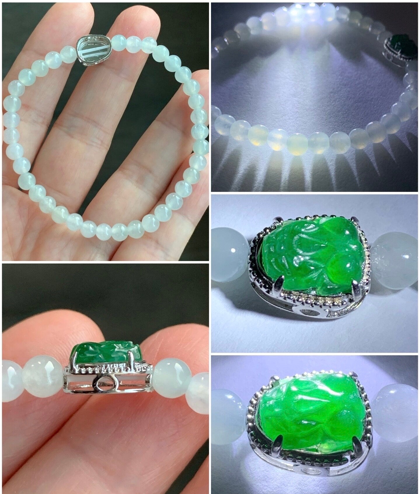 Natural Burmese Icy Translucent White Jadeite Guatemalan Icy Green Jadeite Pixiu Beaded Bracelet Sterling Silver 6.75” 天然缅甸白冰翡翠冰危绿貔貅银手串