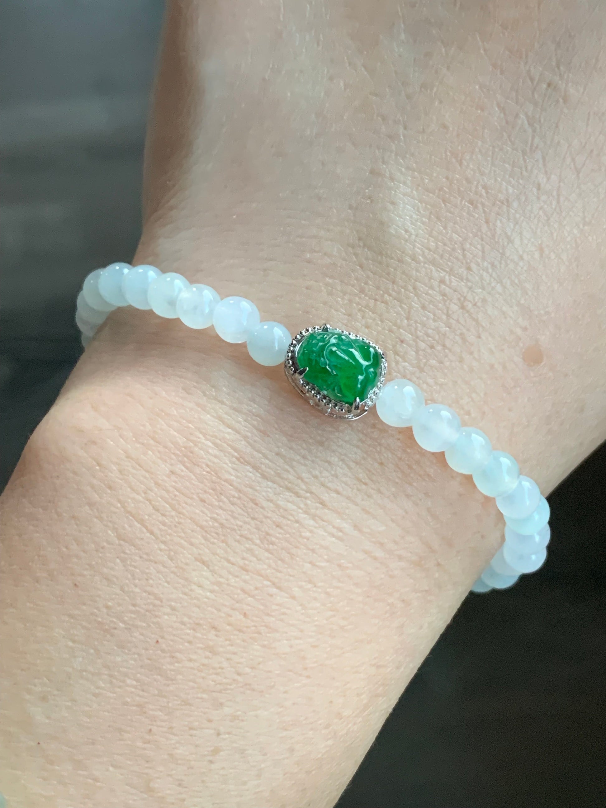 Natural Burmese Icy Translucent White Jadeite Guatemalan Icy Green Jadeite Pixiu Beaded Bracelet Sterling Silver 6.75” 天然缅甸白冰翡翠冰危绿貔貅银手串