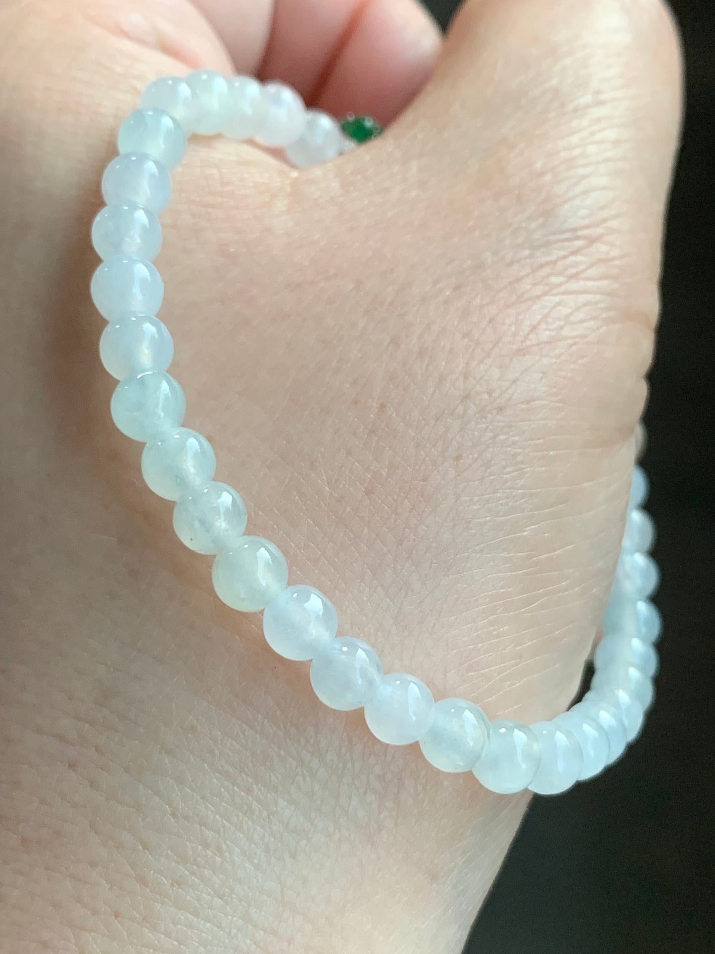 Natural Burmese Icy Translucent White Jadeite Guatemalan Icy Green Jadeite Pixiu Beaded Bracelet Sterling Silver 6.75” 天然缅甸白冰翡翠冰危绿貔貅银手串