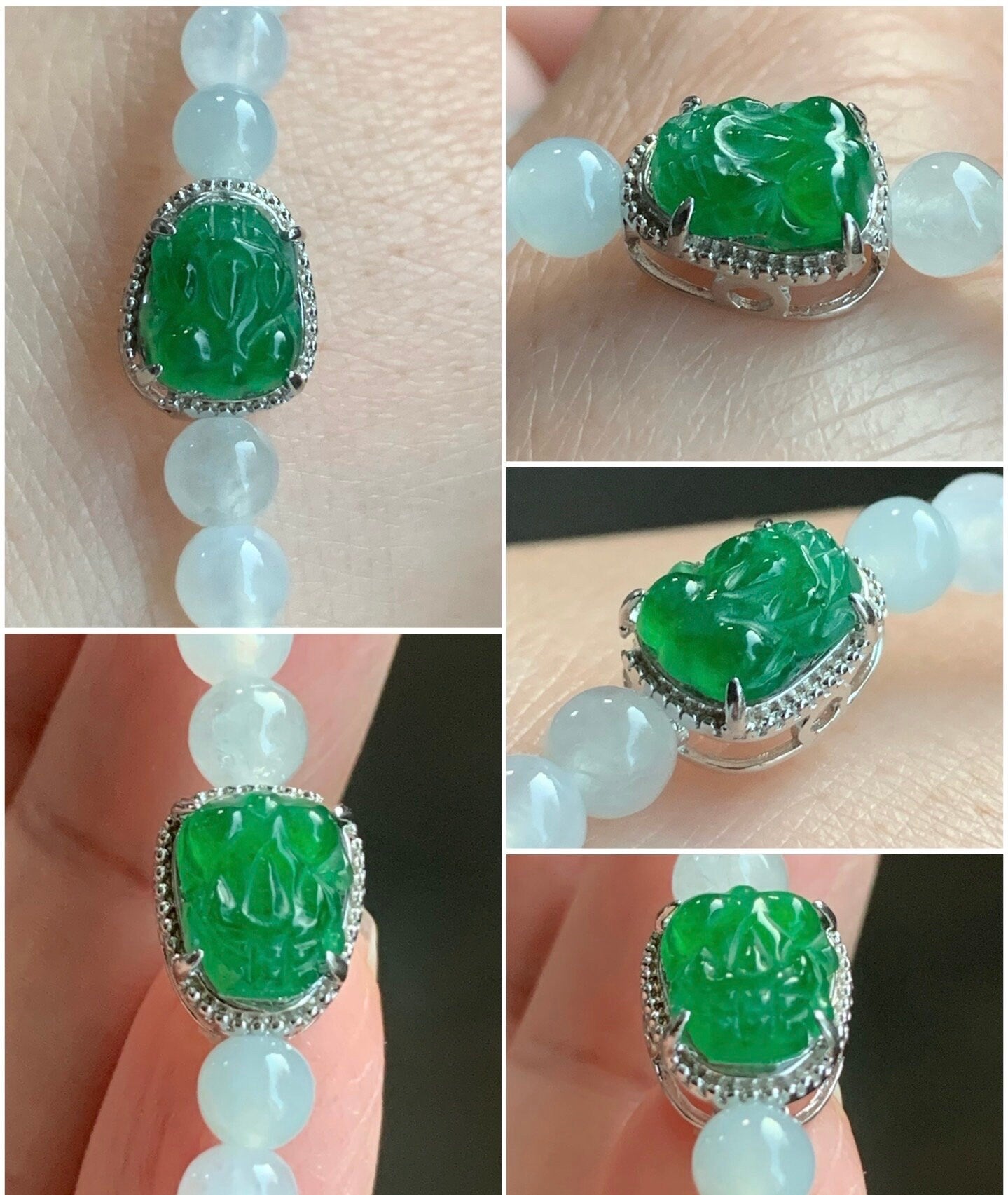 Natural Burmese Icy Translucent White Jadeite Guatemalan Icy Green Jadeite Pixiu Beaded Bracelet Sterling Silver 6.75” 天然缅甸白冰翡翠冰危绿貔貅银手串