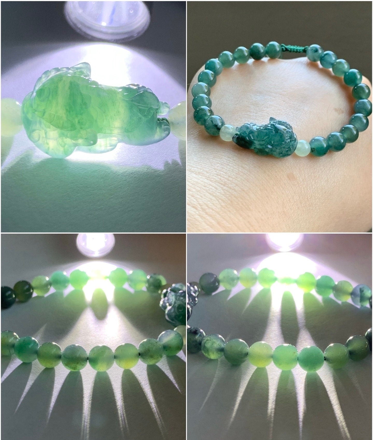Natural Guatemalan Icy Highly Translucent Gelatinous Dark Teal Blue Jadeite Dancing Lion Beaded Bracelet 6.75” 16g 天然冰胶危湖水蓝翡翠精工雕摆烂小醒狮手串