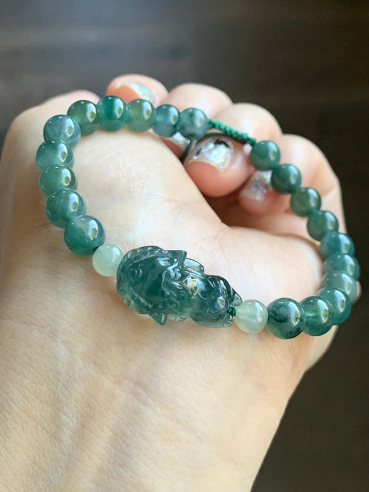 Natural Guatemalan Icy Highly Translucent Gelatinous Dark Teal Blue Jadeite Dancing Lion Beaded Bracelet 6.75” 16g 天然冰胶危湖水蓝翡翠精工雕摆烂小醒狮手串