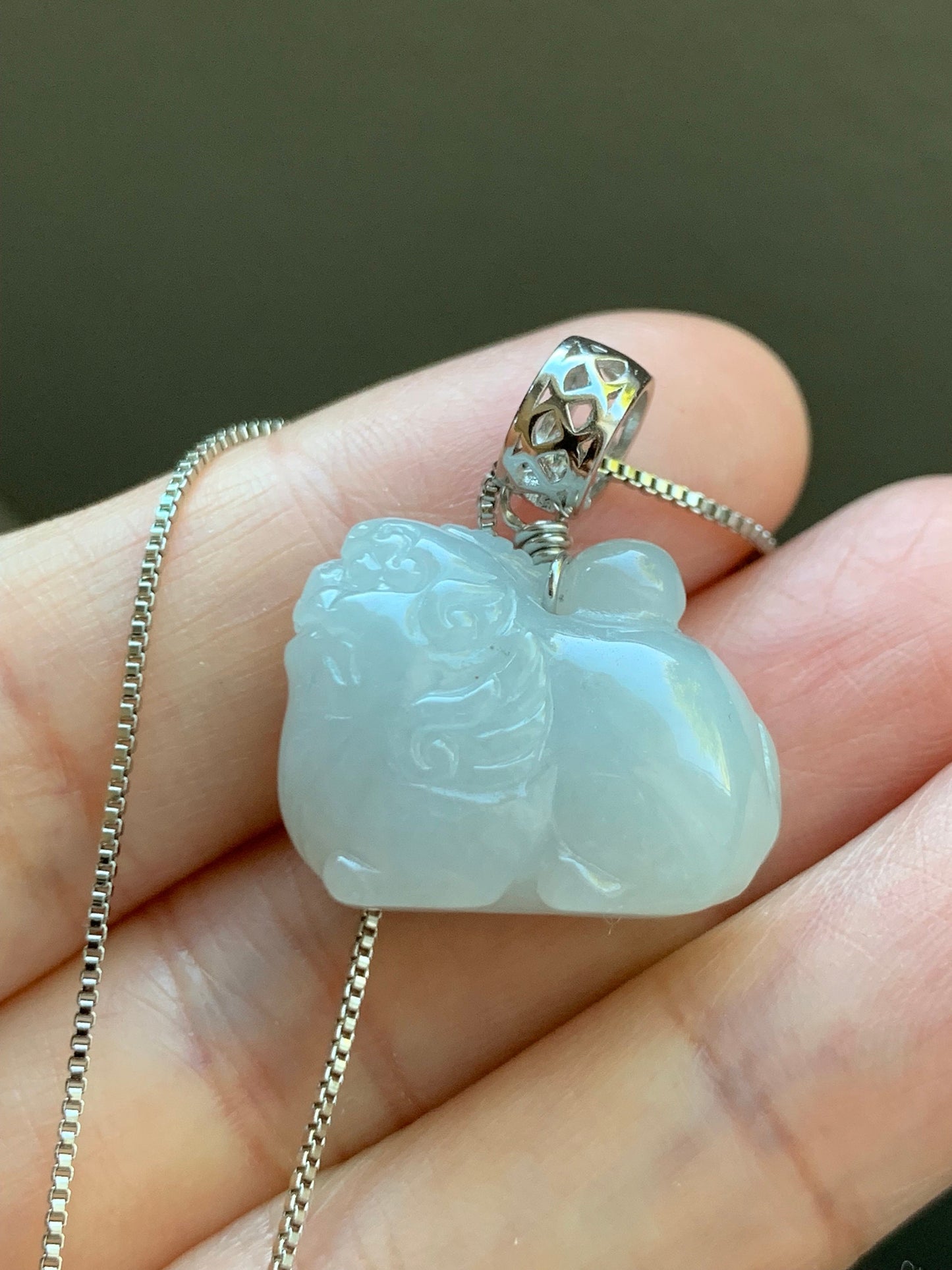 Natural Burmese Icy Translucent Light Blue Jadeite Carved Flying Pixiu Pendant Sterling Silver Bail 天然缅甸冰胶淡蓝翡翠飞天貔貅吊坠