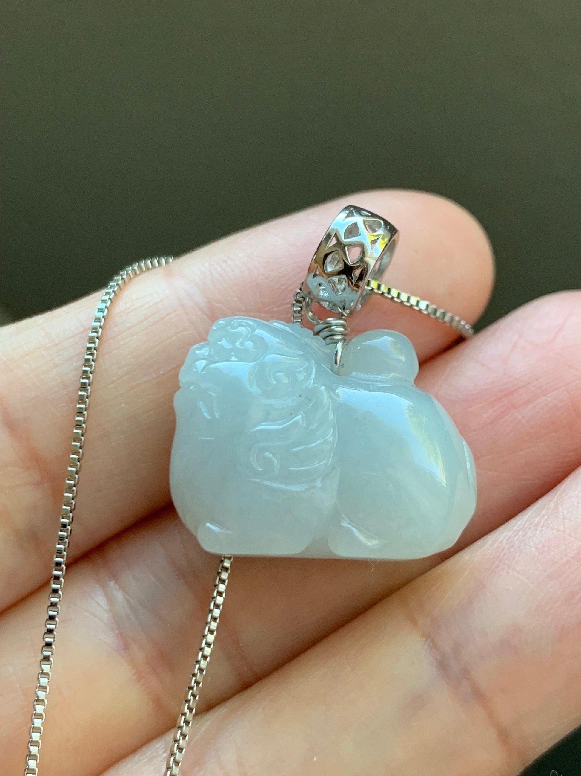 Natural Burmese Icy Translucent Light Blue Jadeite Carved Flying Pixiu Pendant Sterling Silver Bail 天然缅甸冰胶淡蓝翡翠飞天貔貅吊坠