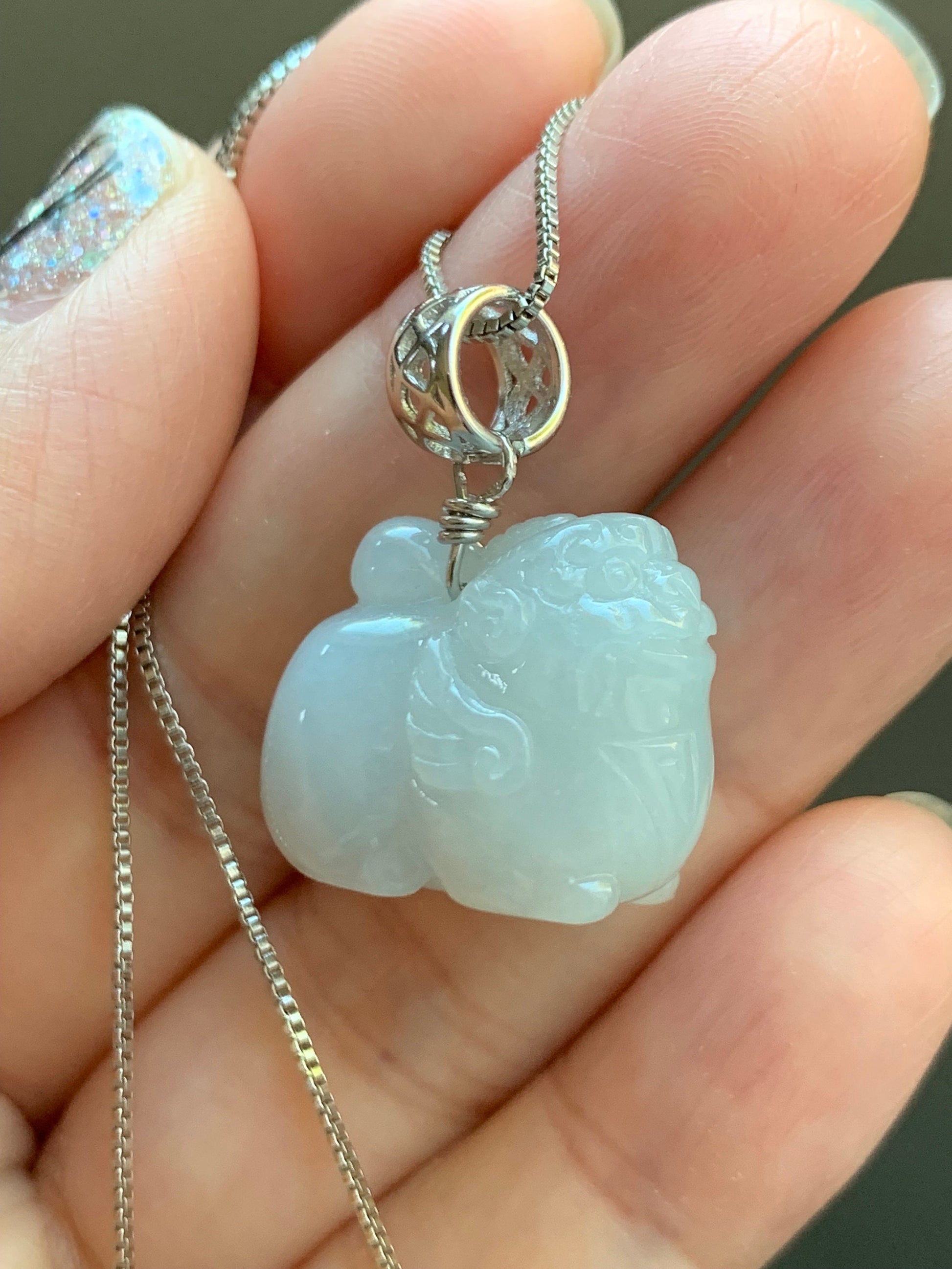 Natural Burmese Icy Translucent Light Blue Jadeite Carved Flying Pixiu Pendant Sterling Silver Bail 天然缅甸冰胶淡蓝翡翠飞天貔貅吊坠